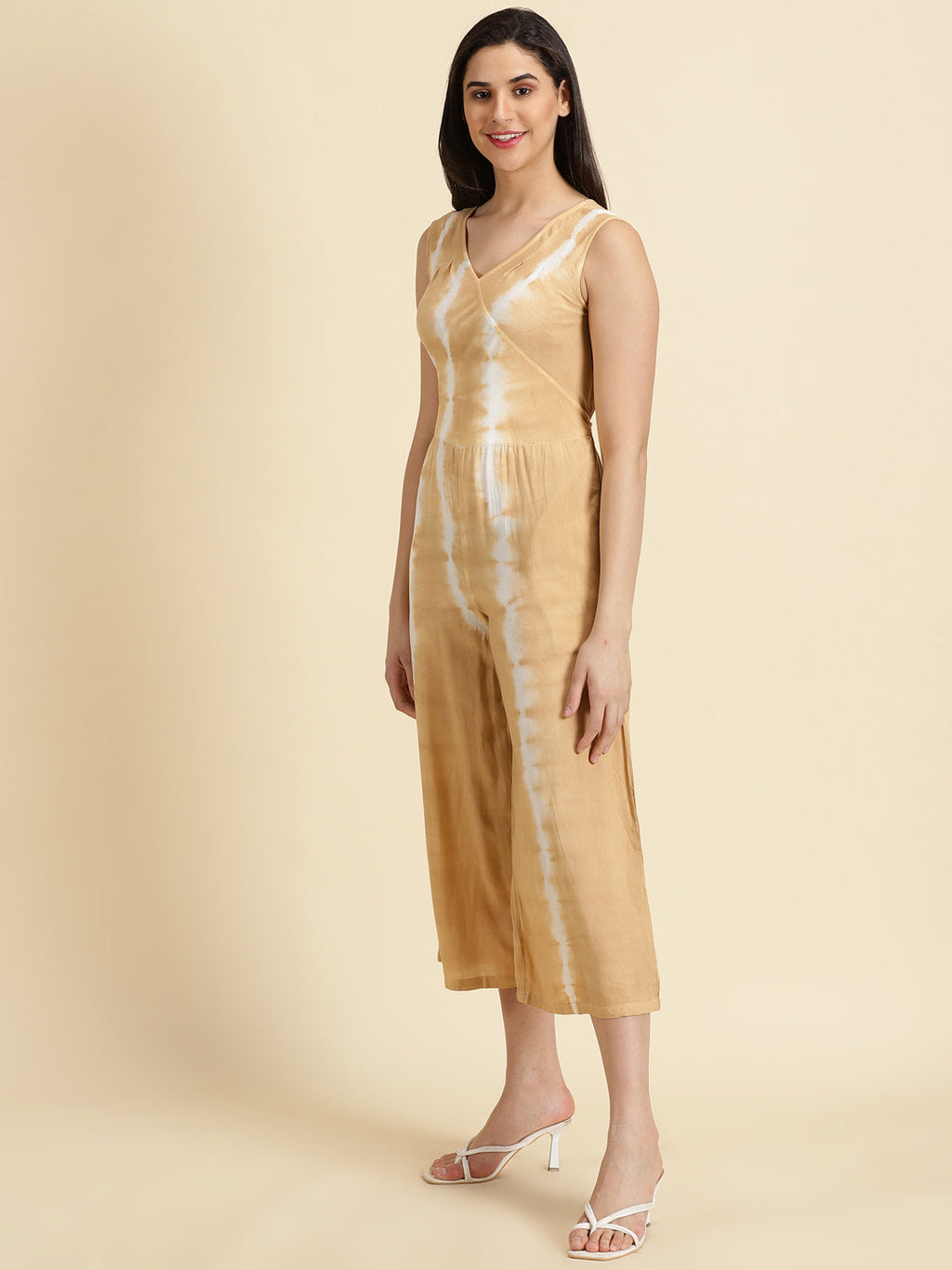 Women's Beige Dyed V-Neck Culottes Jumpsuit