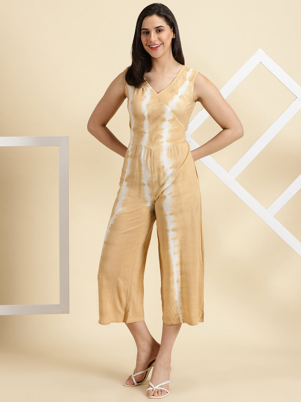 Women's Beige Dyed V-Neck Culottes Jumpsuit