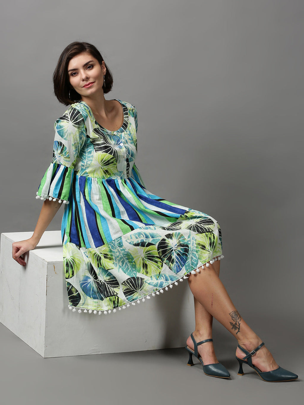 Women's Multi Tropical Printed Cotton Fit & Flare Dress
