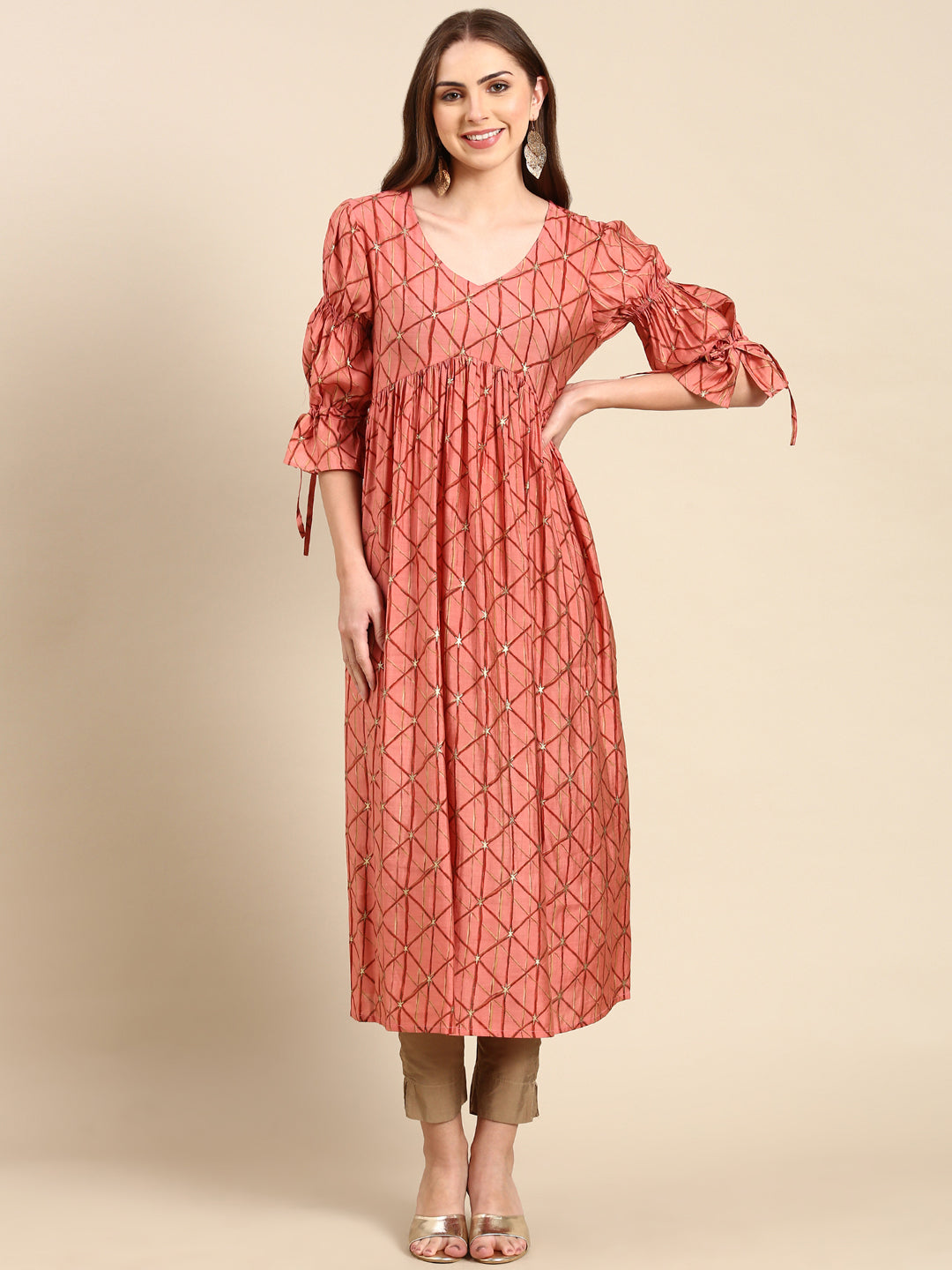 Women's Coral Geometric Printed Puff Sleeves Anarkali Kurta