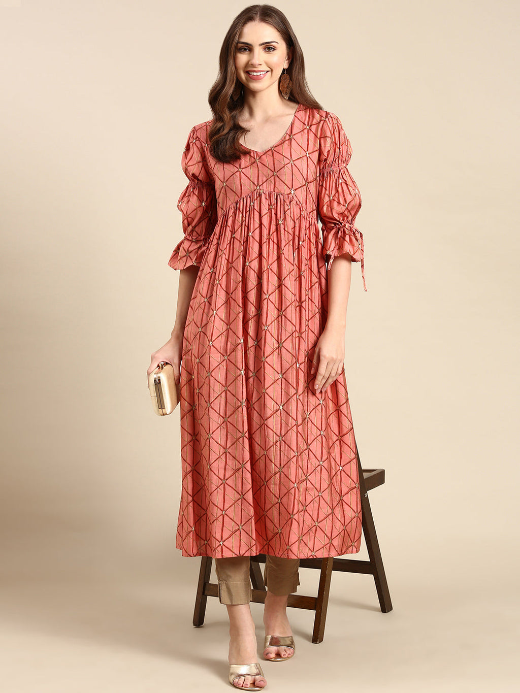 Women's Coral Geometric Printed Puff Sleeves Anarkali Kurta