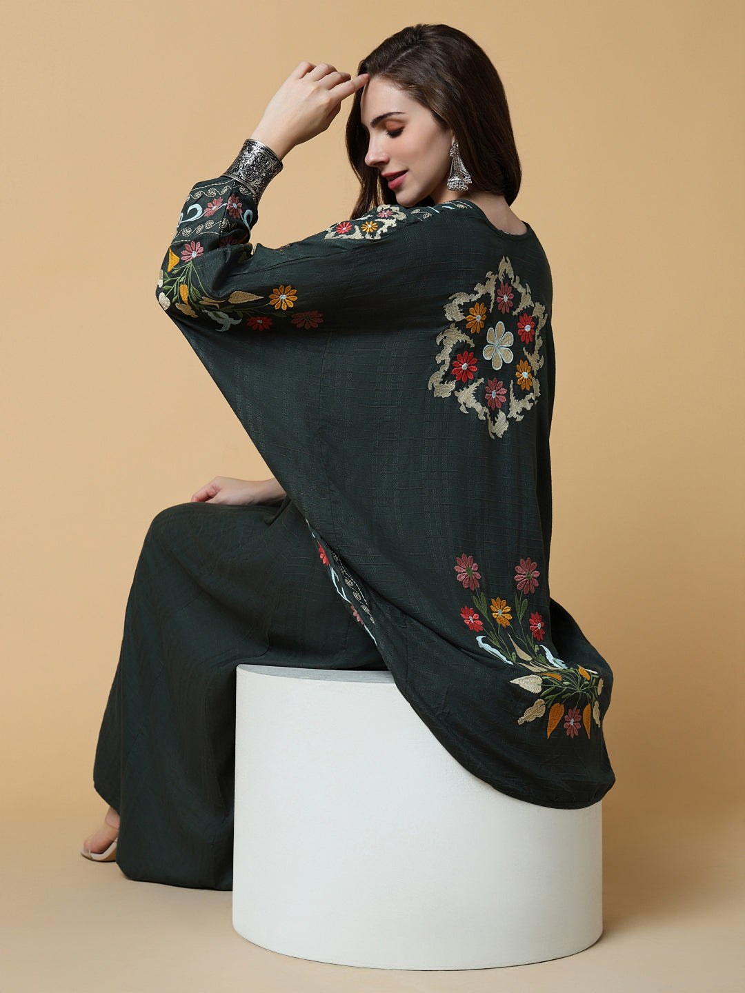 Women's Green Floral A-Line Kurta with Shrug