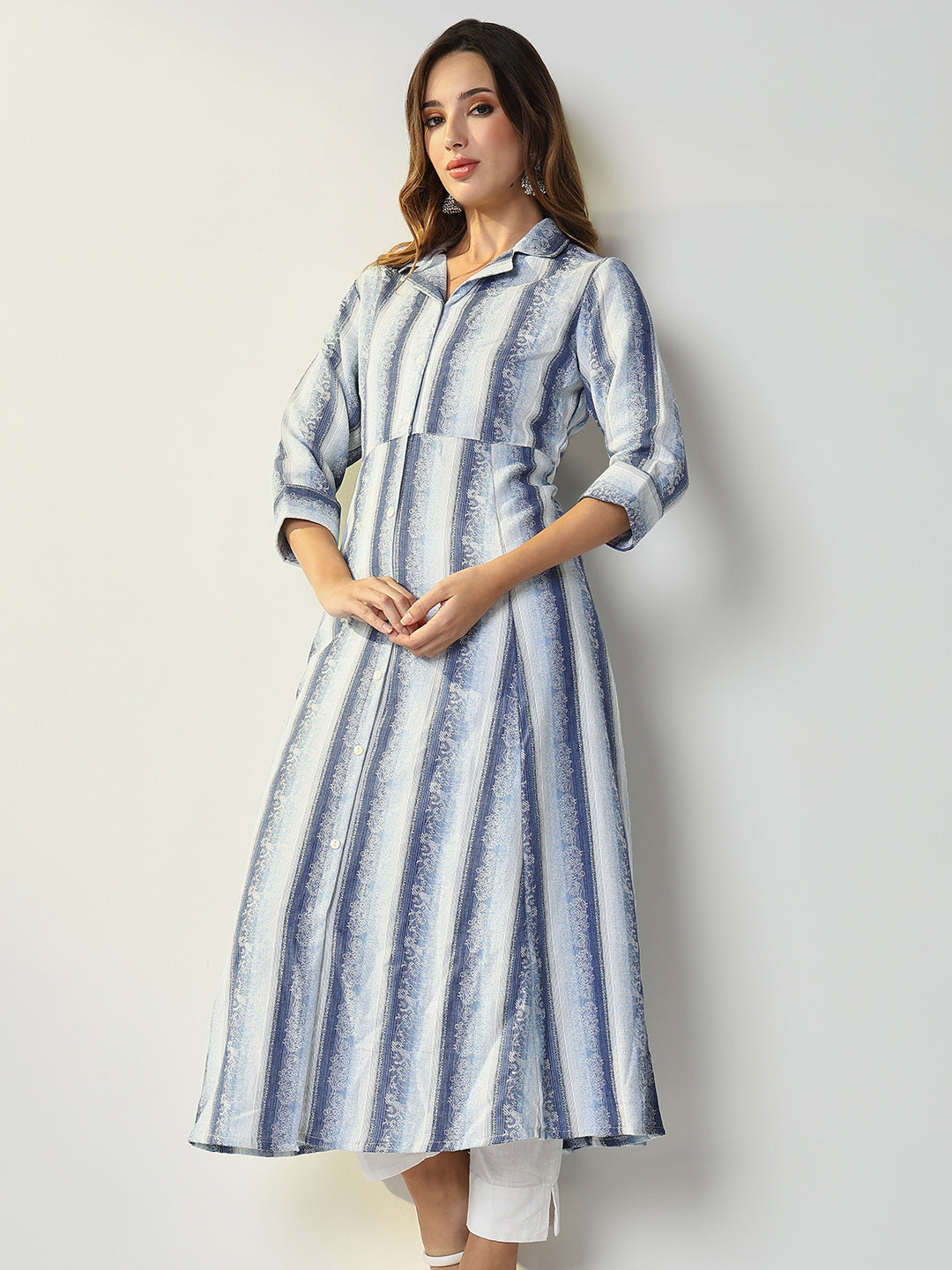 Women's Blue Striped Anarkali Kurta