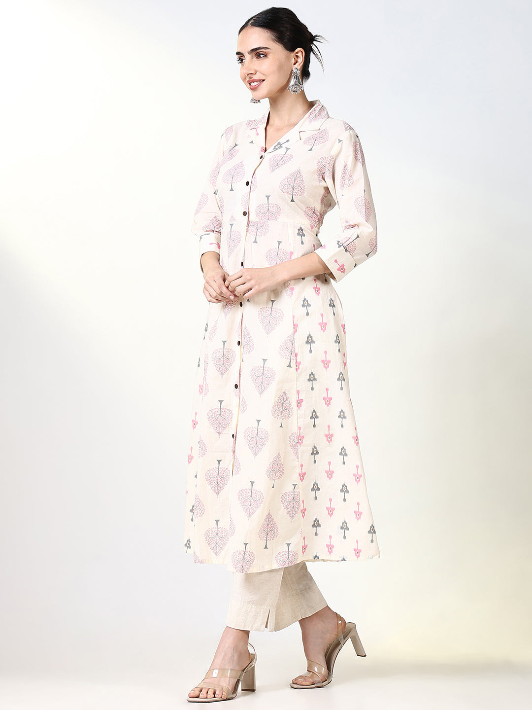 Women's Cream Graphic A Line Kurta