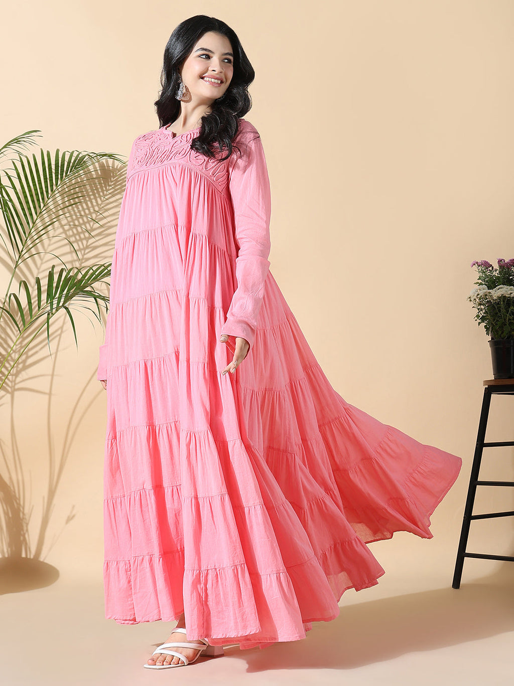 Women's Pink Solid Cotton Anarkali Kurta with Inner