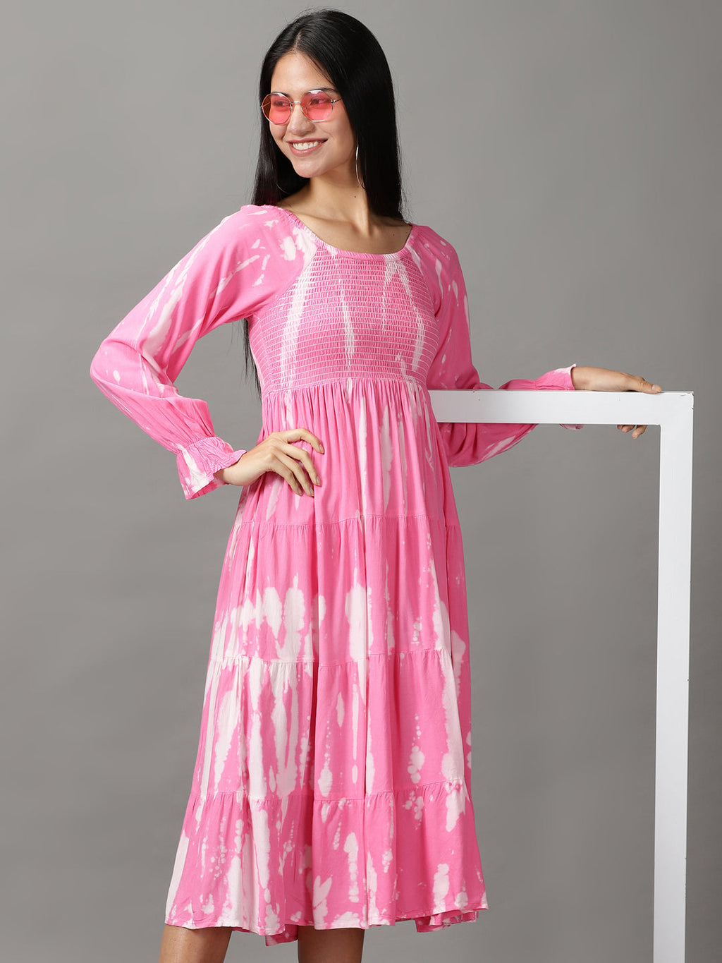 Women's Pink Tie and Dye Cotton Fit & Flare Dress