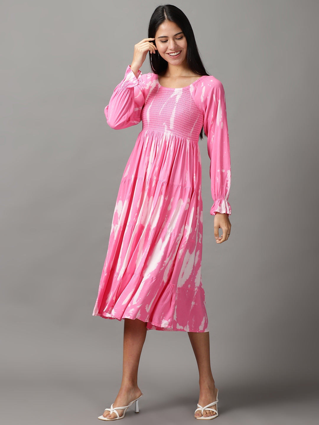 Women's Pink Tie and Dye Cotton Fit & Flare Dress