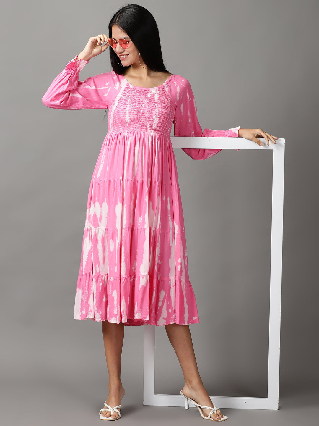 Women's Pink Tie and Dye Cotton Fit & Flare Dress