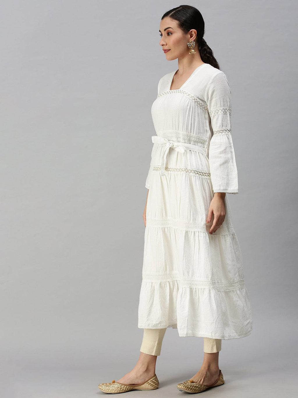 Women's Square Neck Solid White Anarkali Kurta
