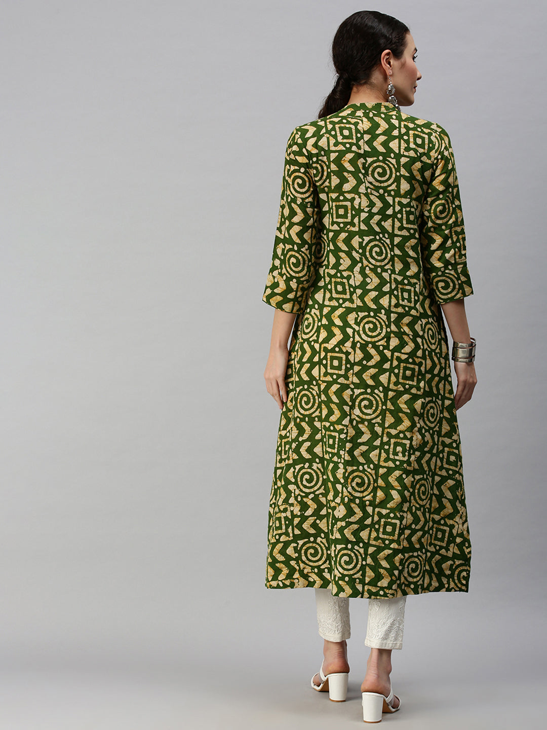 Women's Mandarin Collar Printed Green A-Line Kurta