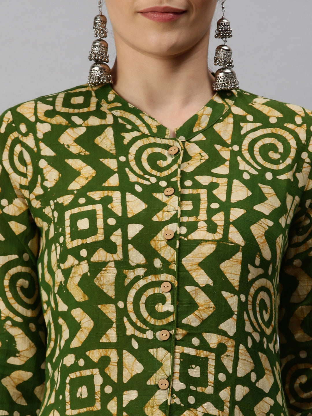 Women's Mandarin Collar Printed Green A-Line Kurta