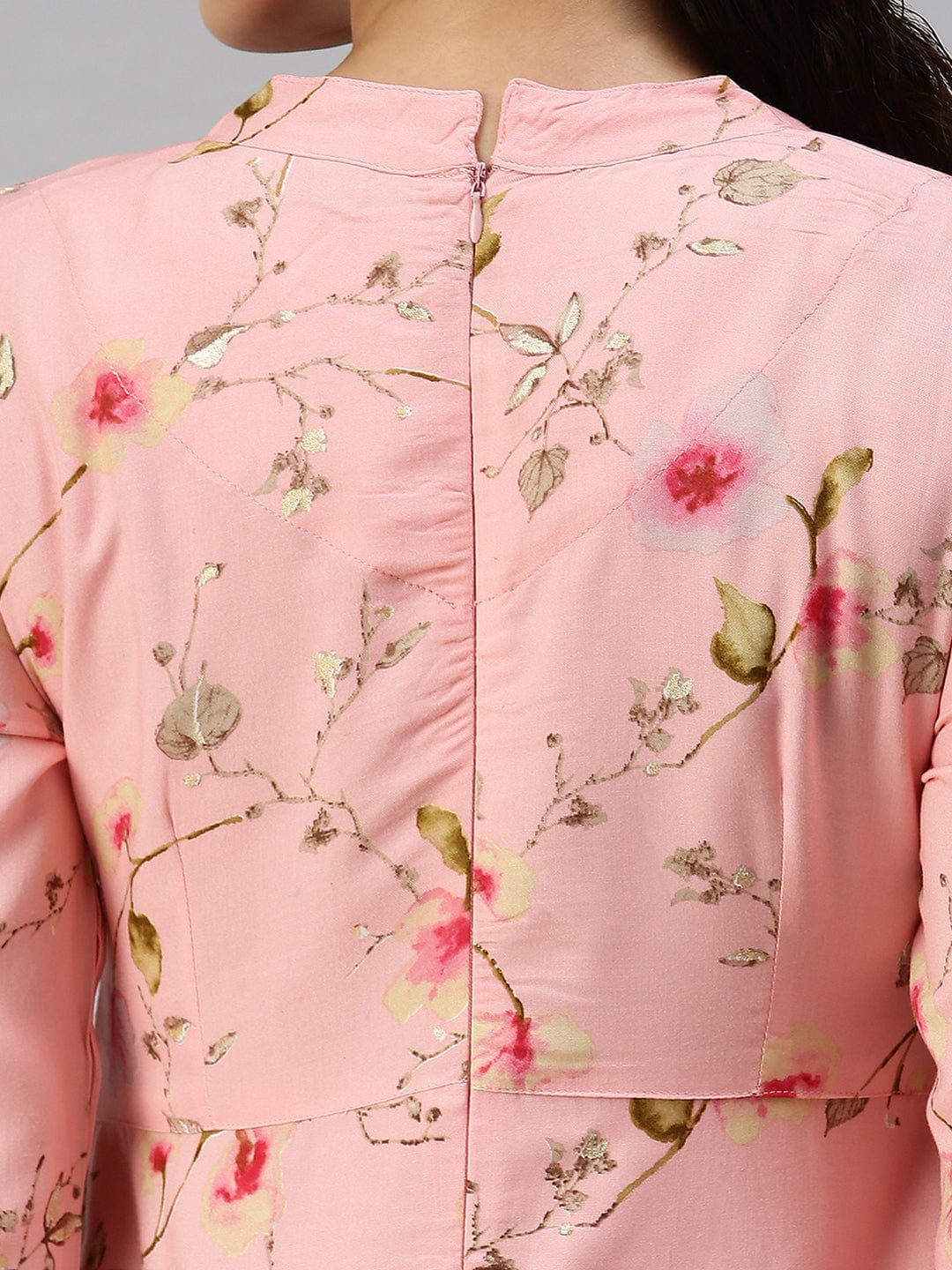 Women's Mandarin Collar Printed Pink Anarkali Kurta