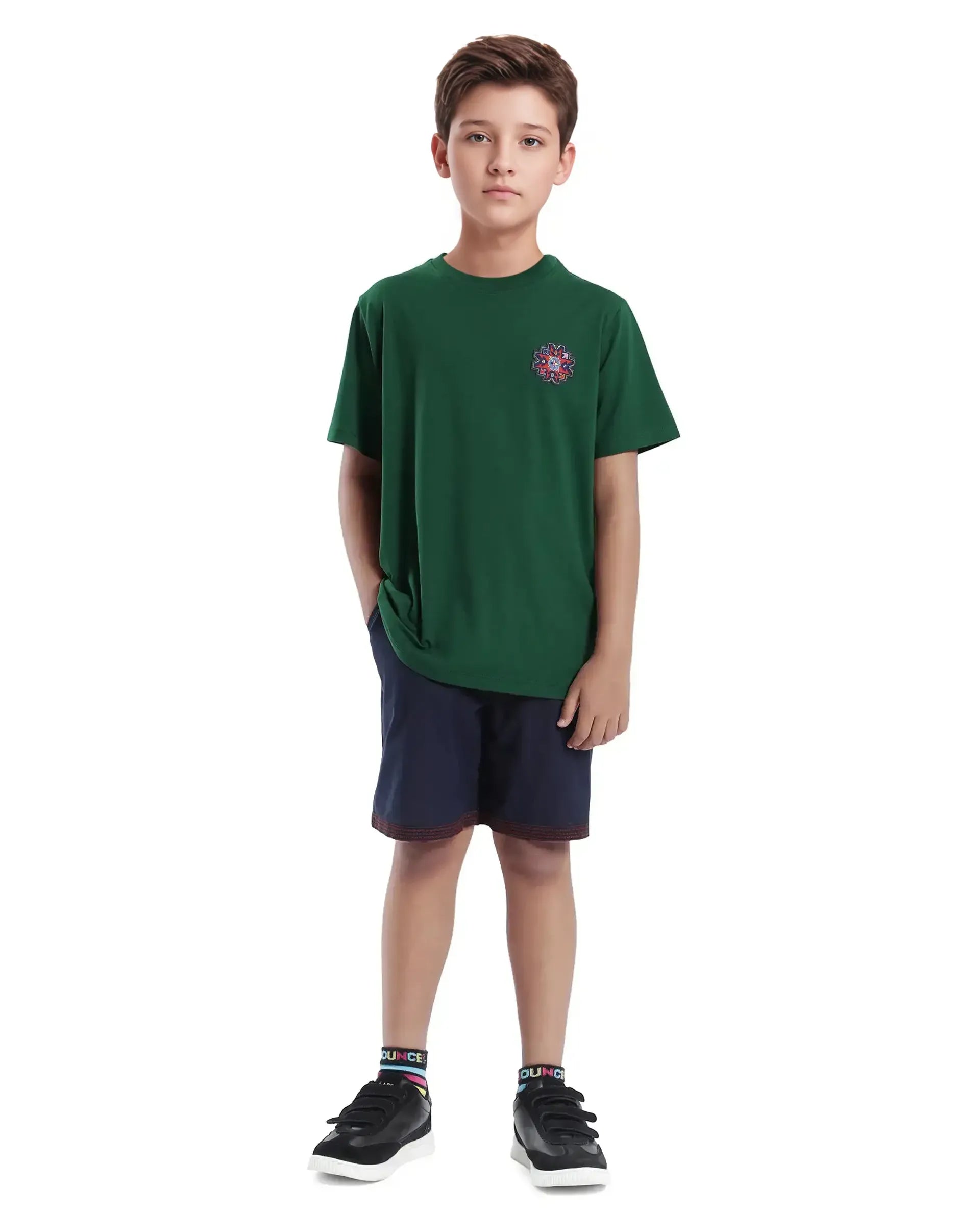 Rare Ones Kids Orio Dark Green Cotton Blend Half Sleeve Printed Regular Fit T-Shirt