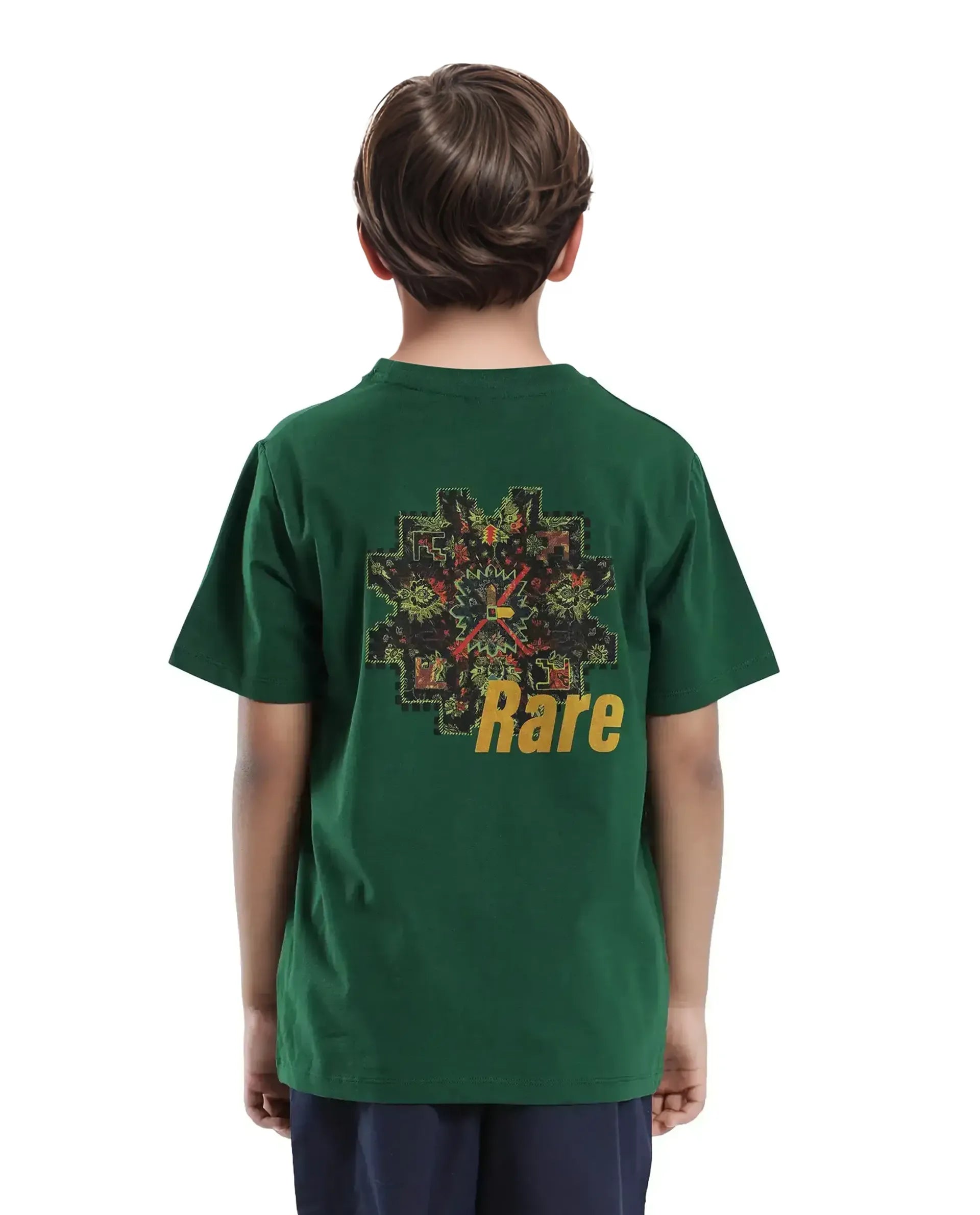 Rare Ones Kids Orio Dark Green Cotton Blend Half Sleeve Printed Regular Fit T-Shirt