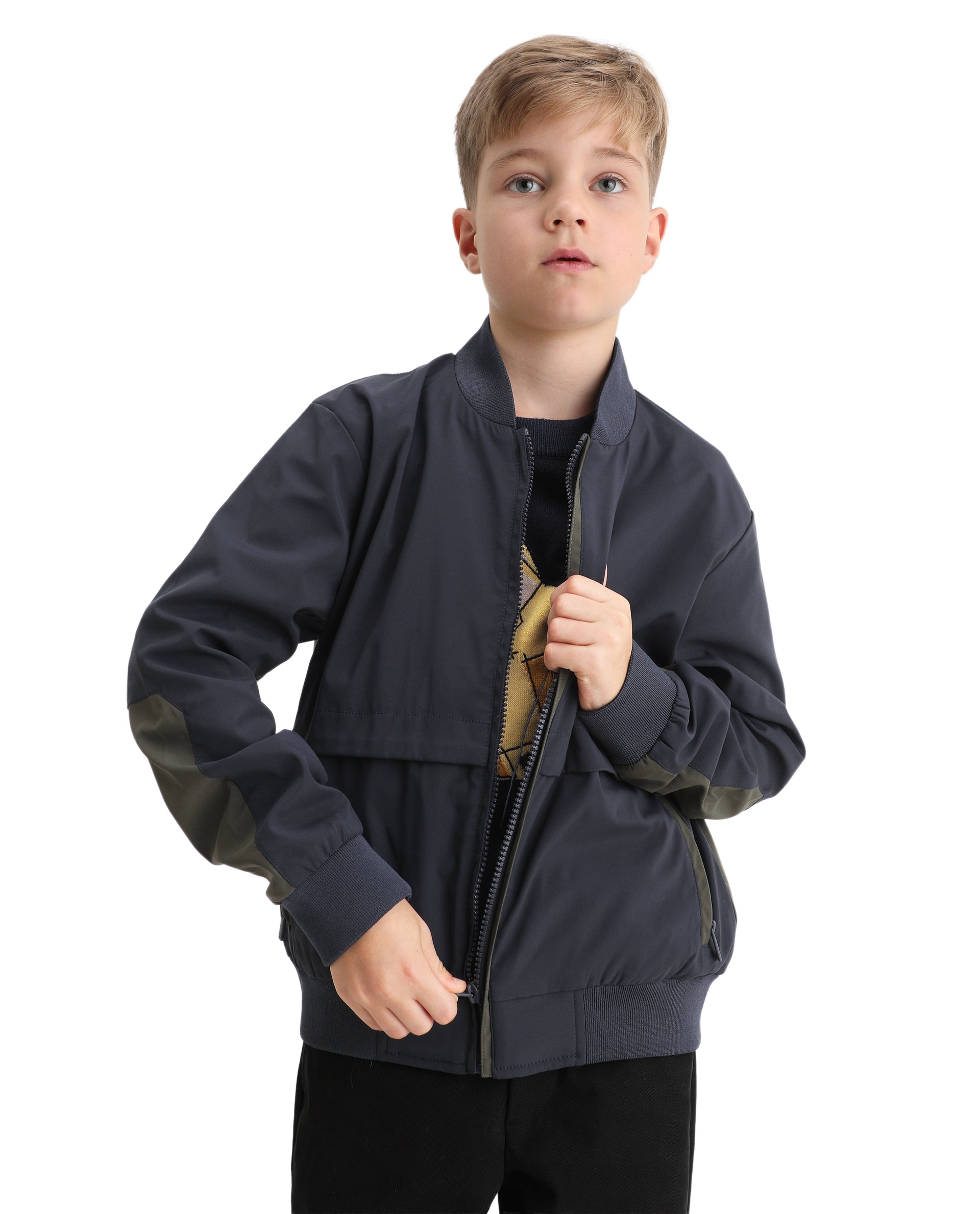 Rare Ones Kids Oza Navy Polyester Zipper Closure Ribbed Collar Plain Full Sleeves Regular Fit Jacket