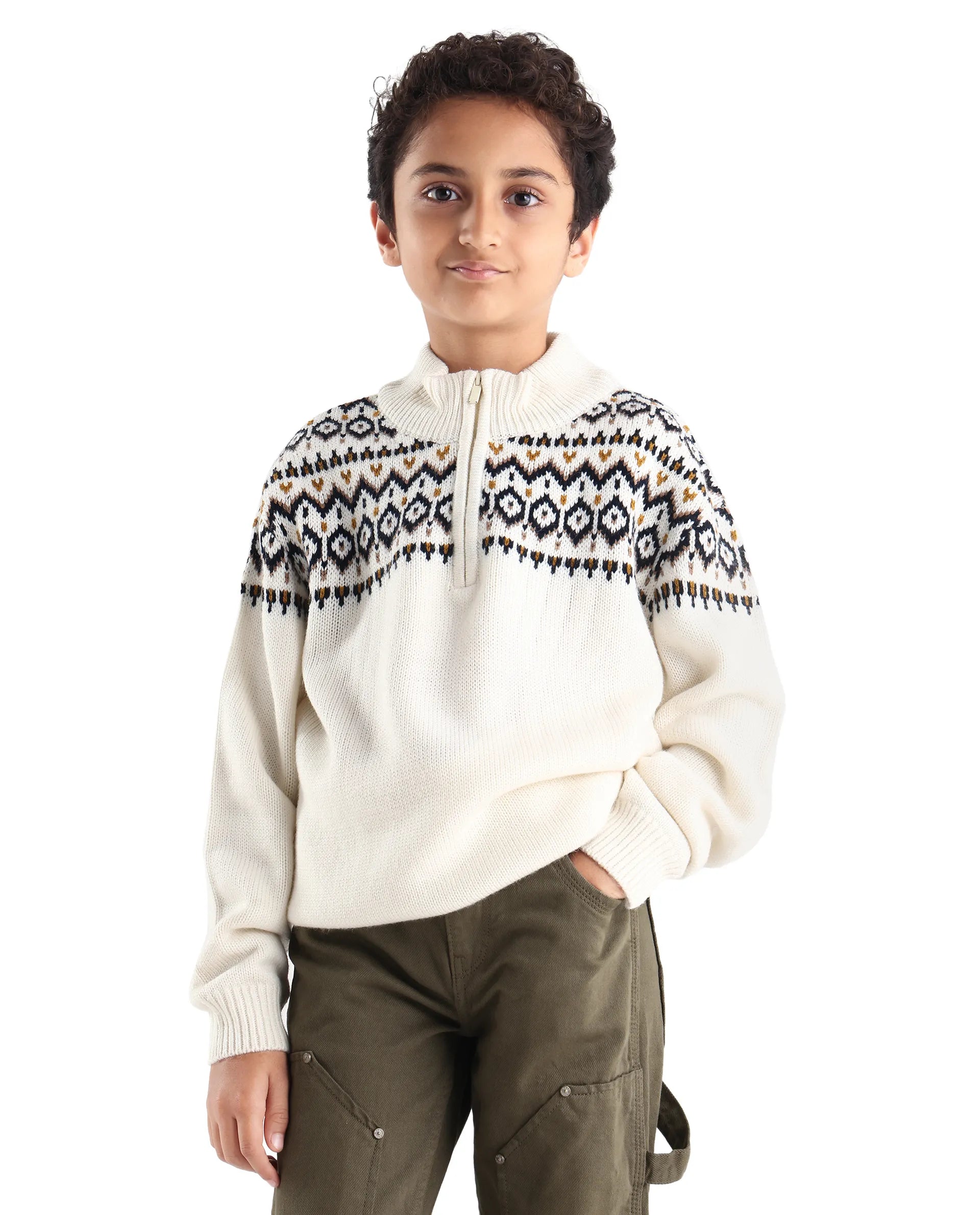 Rare Ones Kids Pato Off White Cotton Solid Slip-On Closure Relaxed Fit Sweater