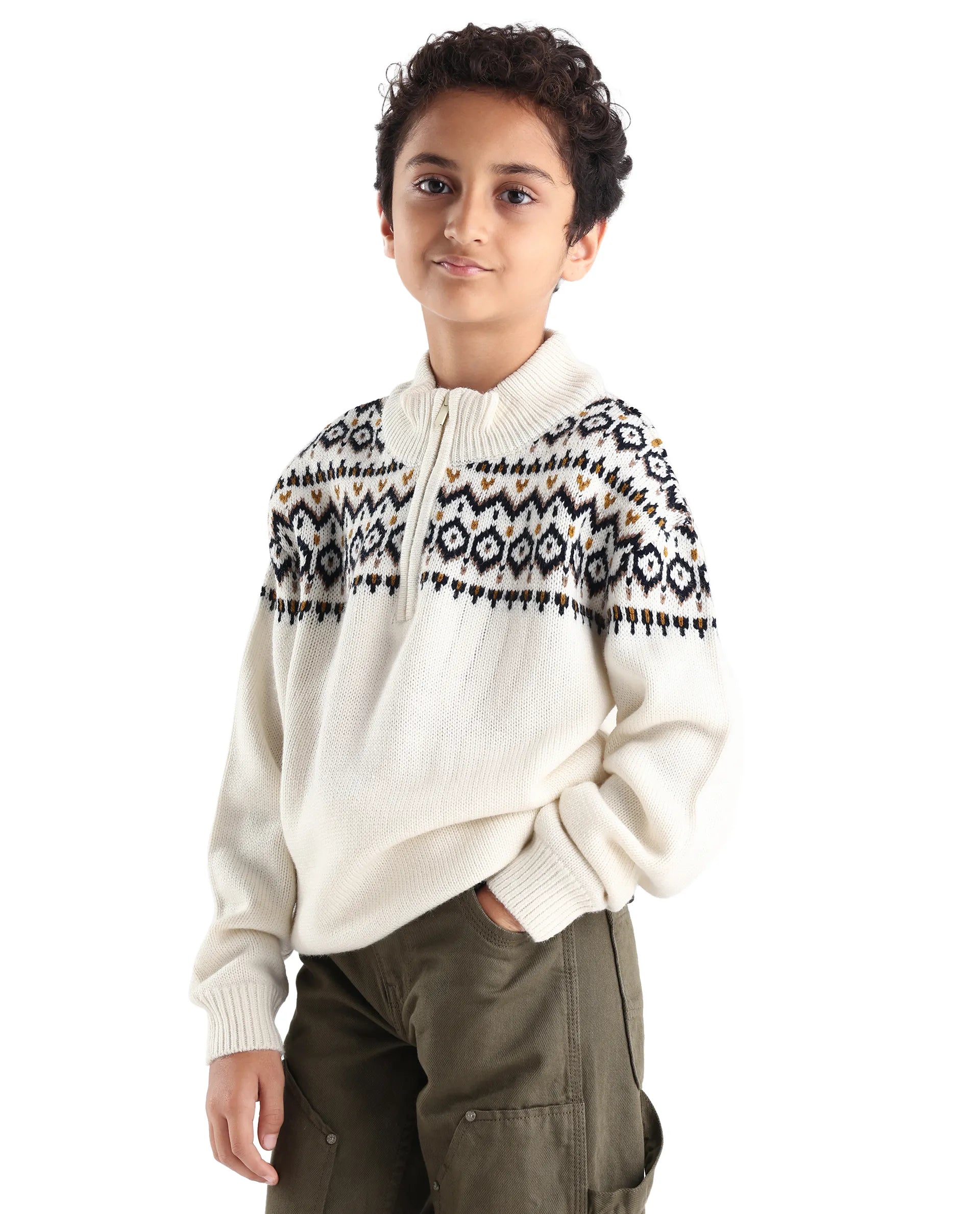 Rare Ones Kids Pato Off White Cotton Solid Slip-On Closure Relaxed Fit Sweater