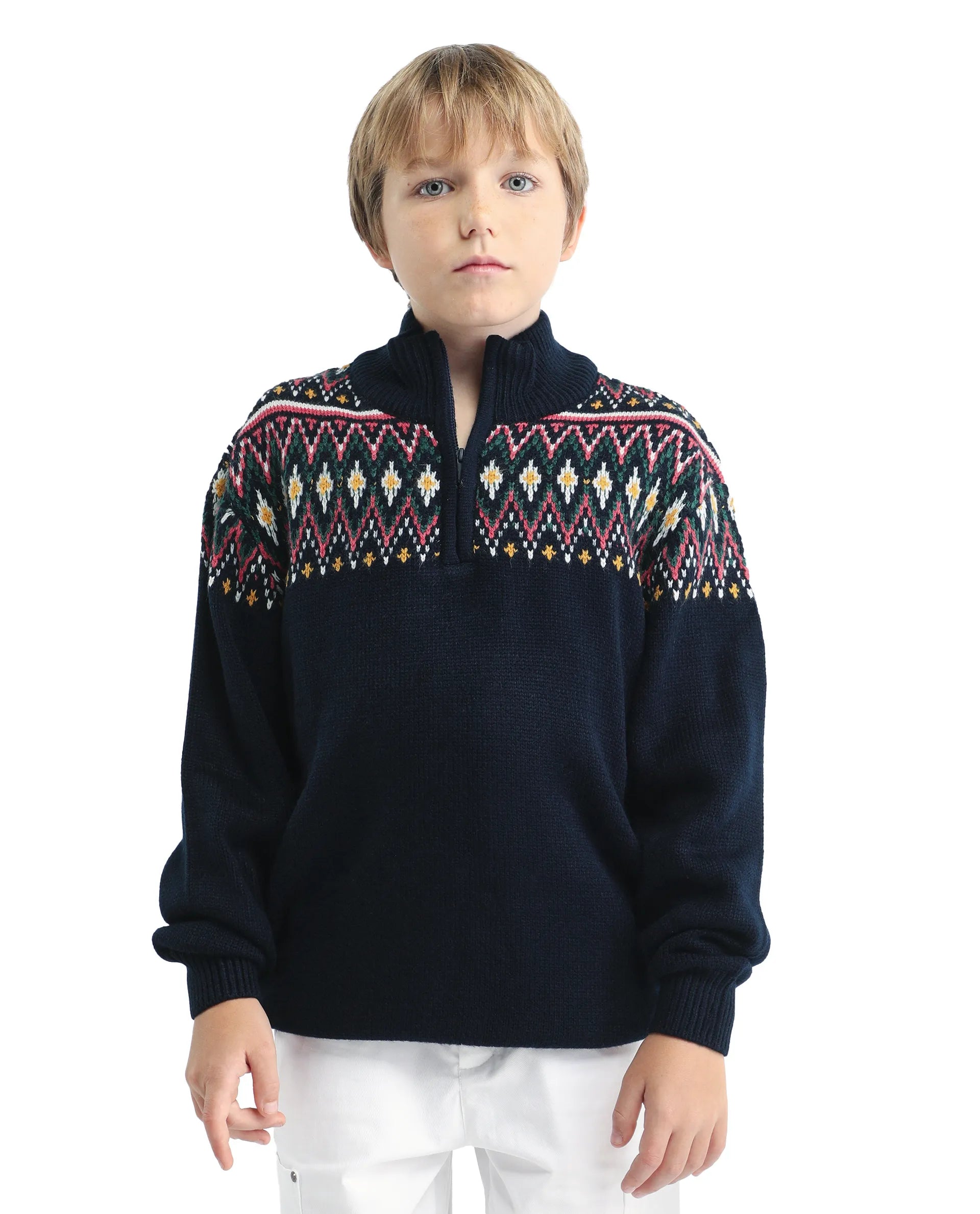 Rare Ones Kids Pato Navy Cotton Argyle Pattern Zipper Closure Relaxed Fit Sweater