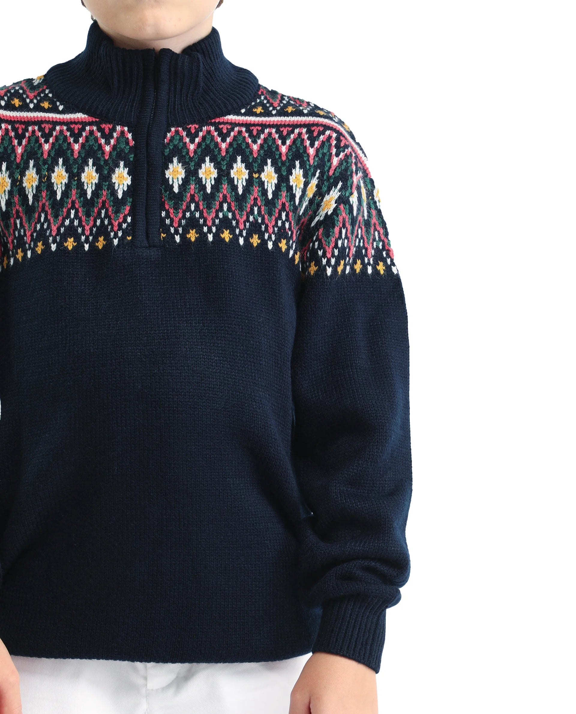 Rare Ones Kids Pato Navy Cotton Argyle Pattern Zipper Closure Relaxed Fit Sweater