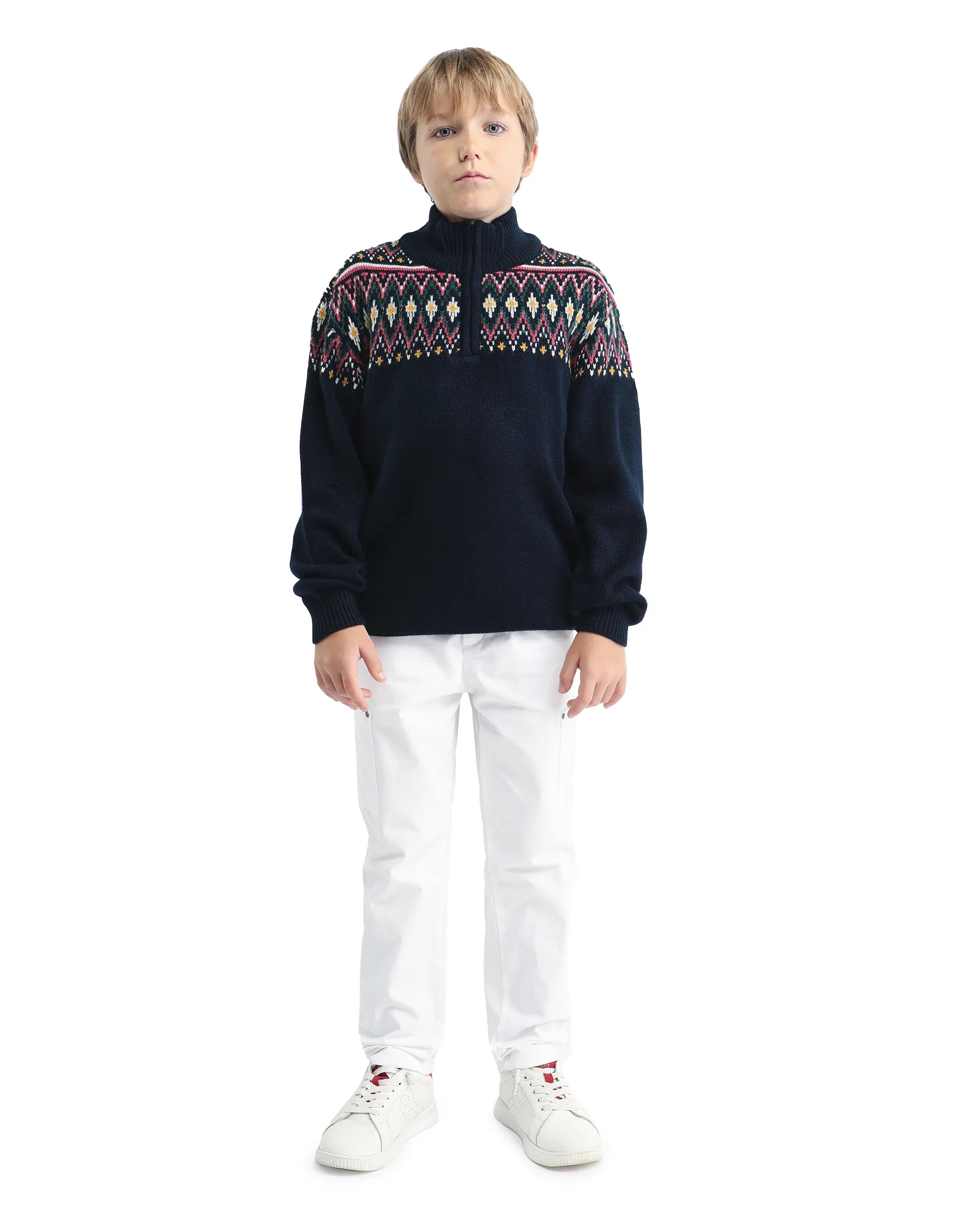 Rare Ones Kids Pato Navy Cotton Argyle Pattern Zipper Closure Relaxed Fit Sweater