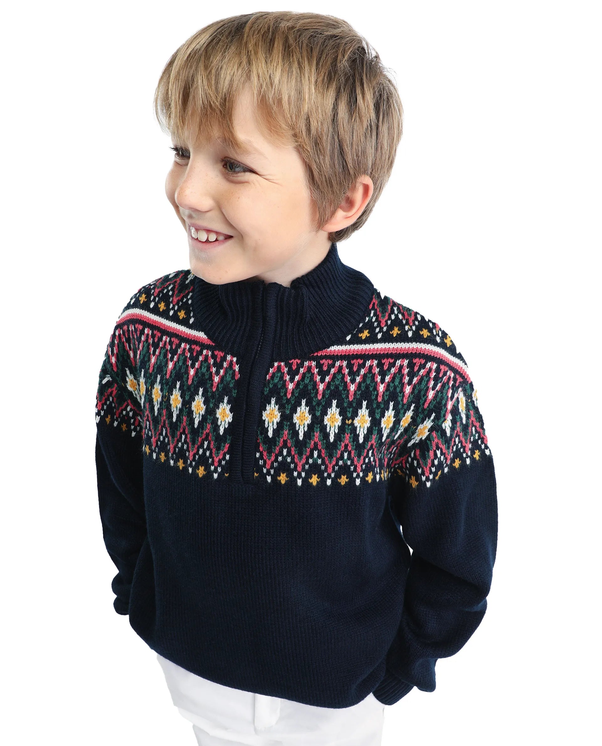 Rare Ones Kids Pato Navy Cotton Argyle Pattern Zipper Closure Relaxed Fit Sweater