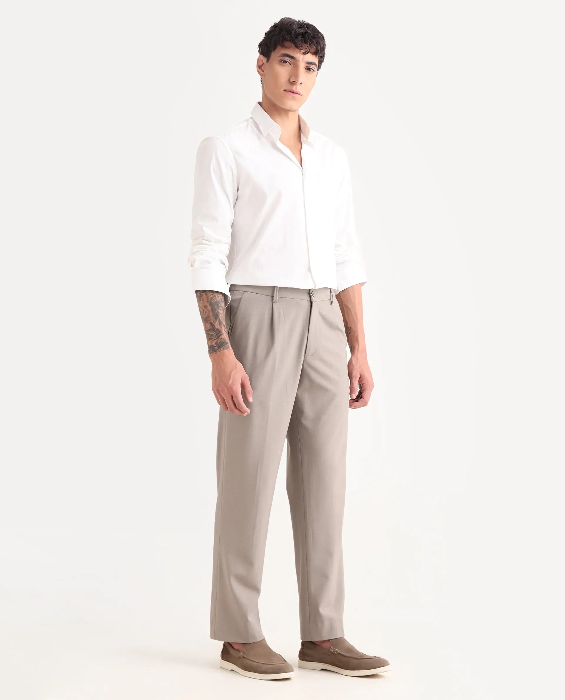 Rare Rabbit Men Pauls Dark Beige Polyester Blend Fabric Button Closure Plain Trouser