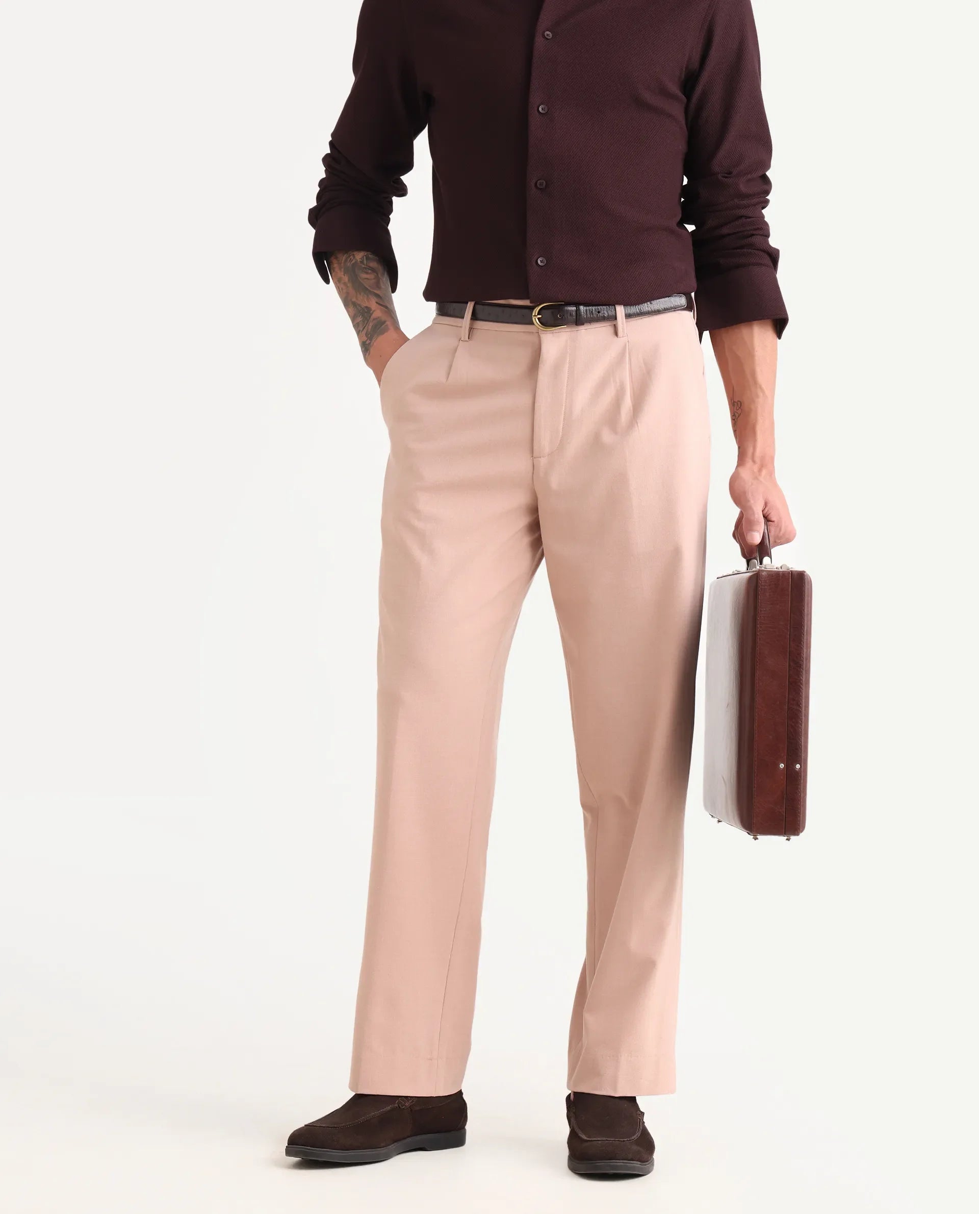 Rare Rabbit Men Pauls Tan Polyester Blend Fabric Button Closure Plain Trouser