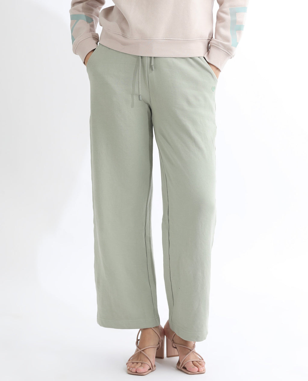 Rareism Women's Pazoo T Dusky Green Cotton Blend Plain Ankle Length Flared Track Pant