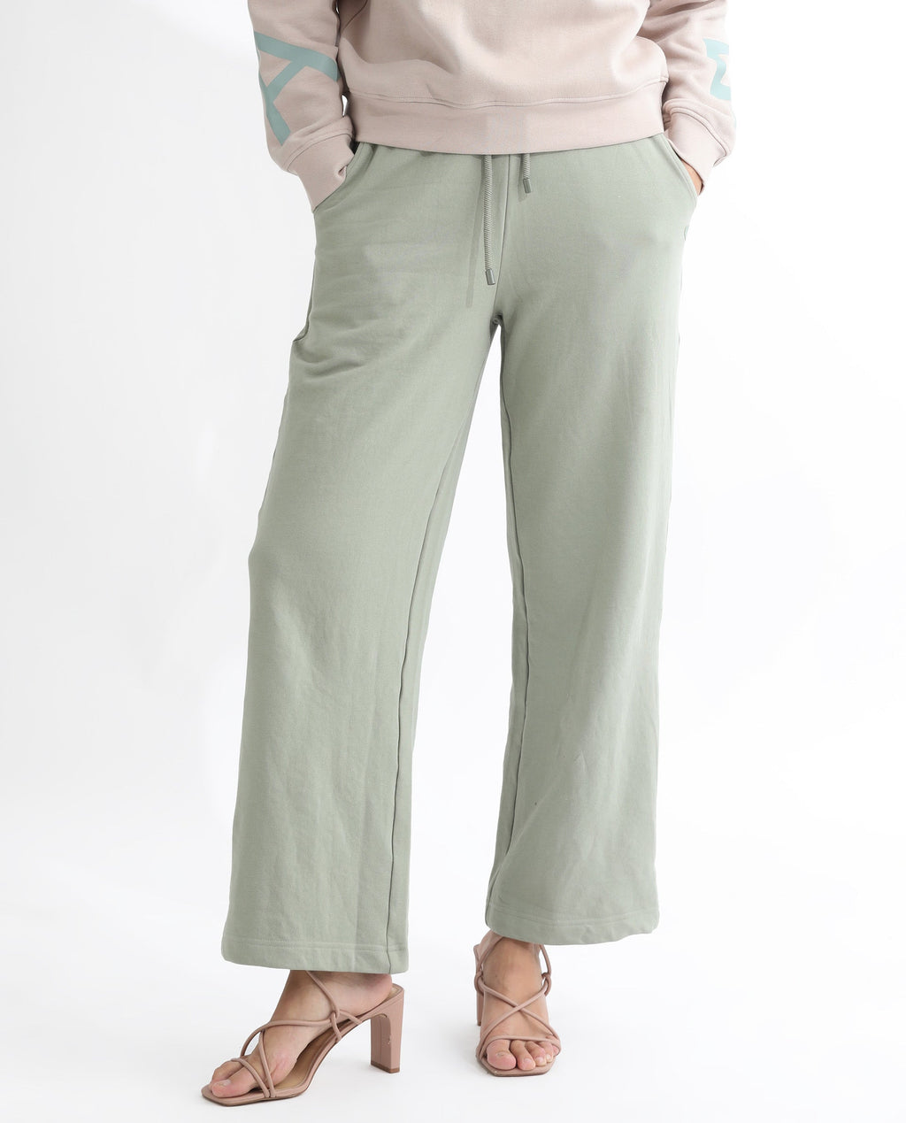 Rareism Women's Pazoo T Dusky Green Cotton Blend Plain Ankle Length Flared Track Pant