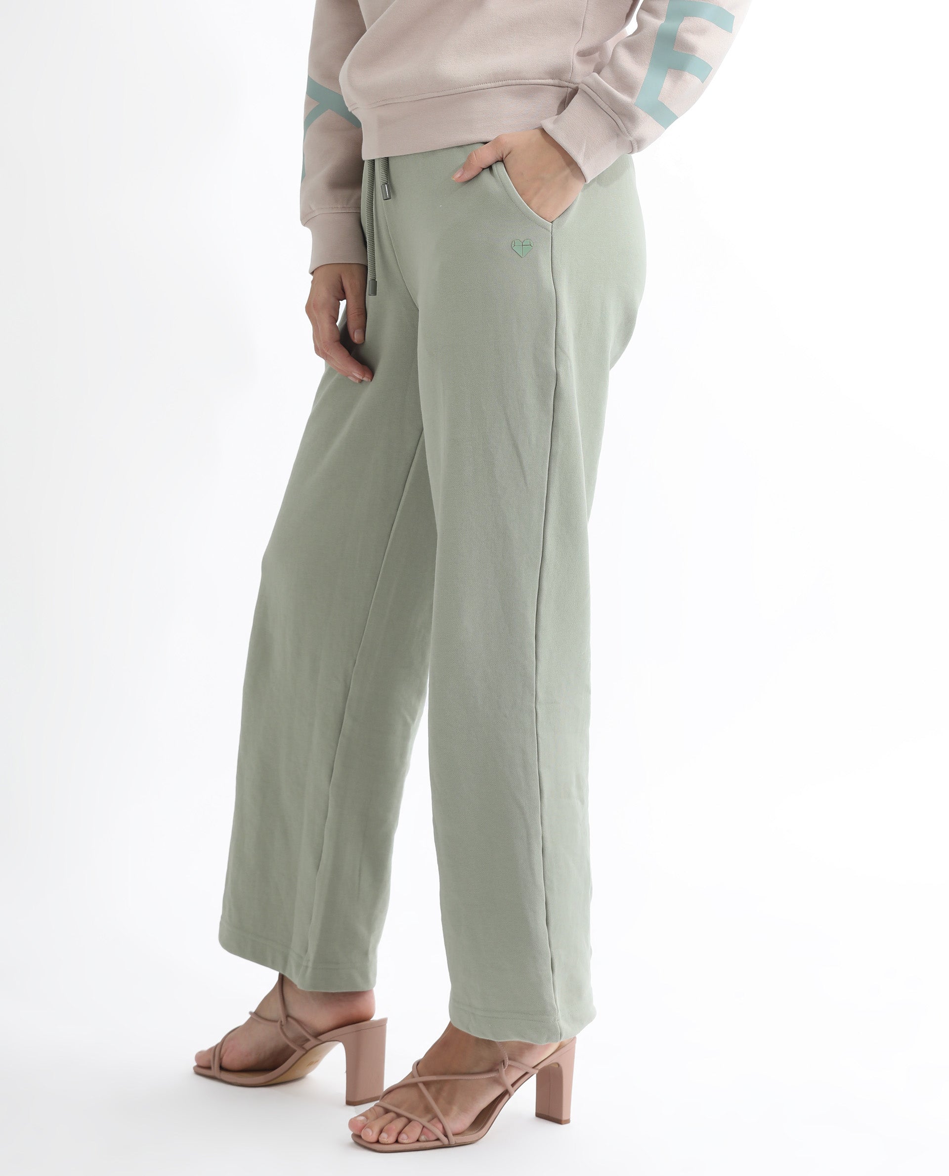 Rareism Women's Pazoo T Dusky Green Cotton Blend Plain Ankle Length Flared Track Pant