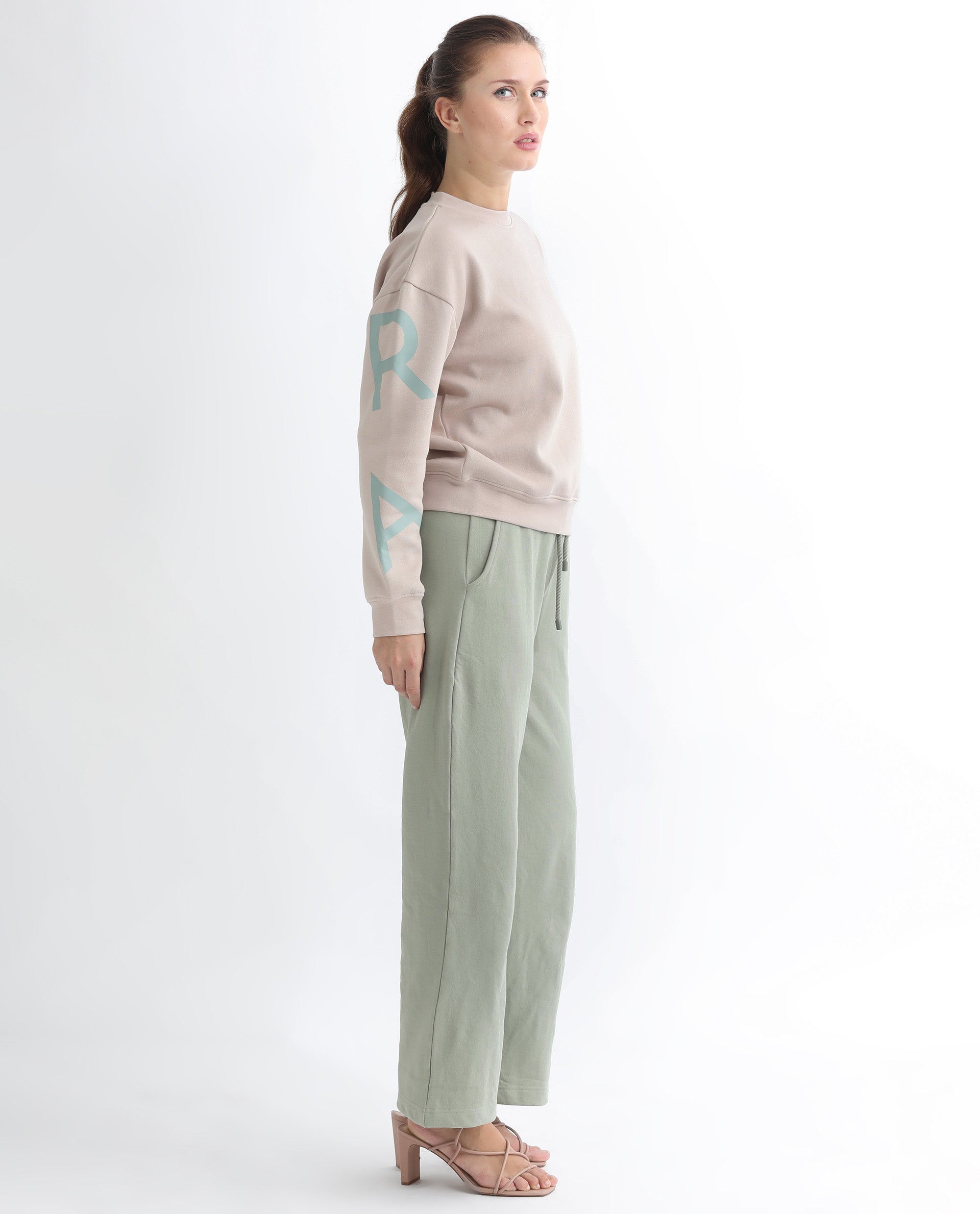 Rareism Women's Pazoo T Dusky Green Cotton Blend Plain Ankle Length Flared Track Pant