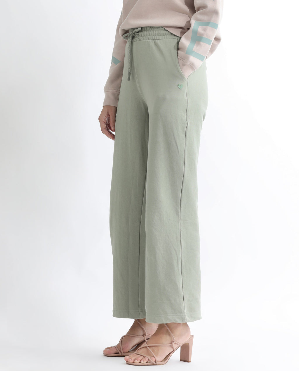 Rareism Women's Pazoo T Dusky Green Cotton Blend Plain Ankle Length Flared Track Pant