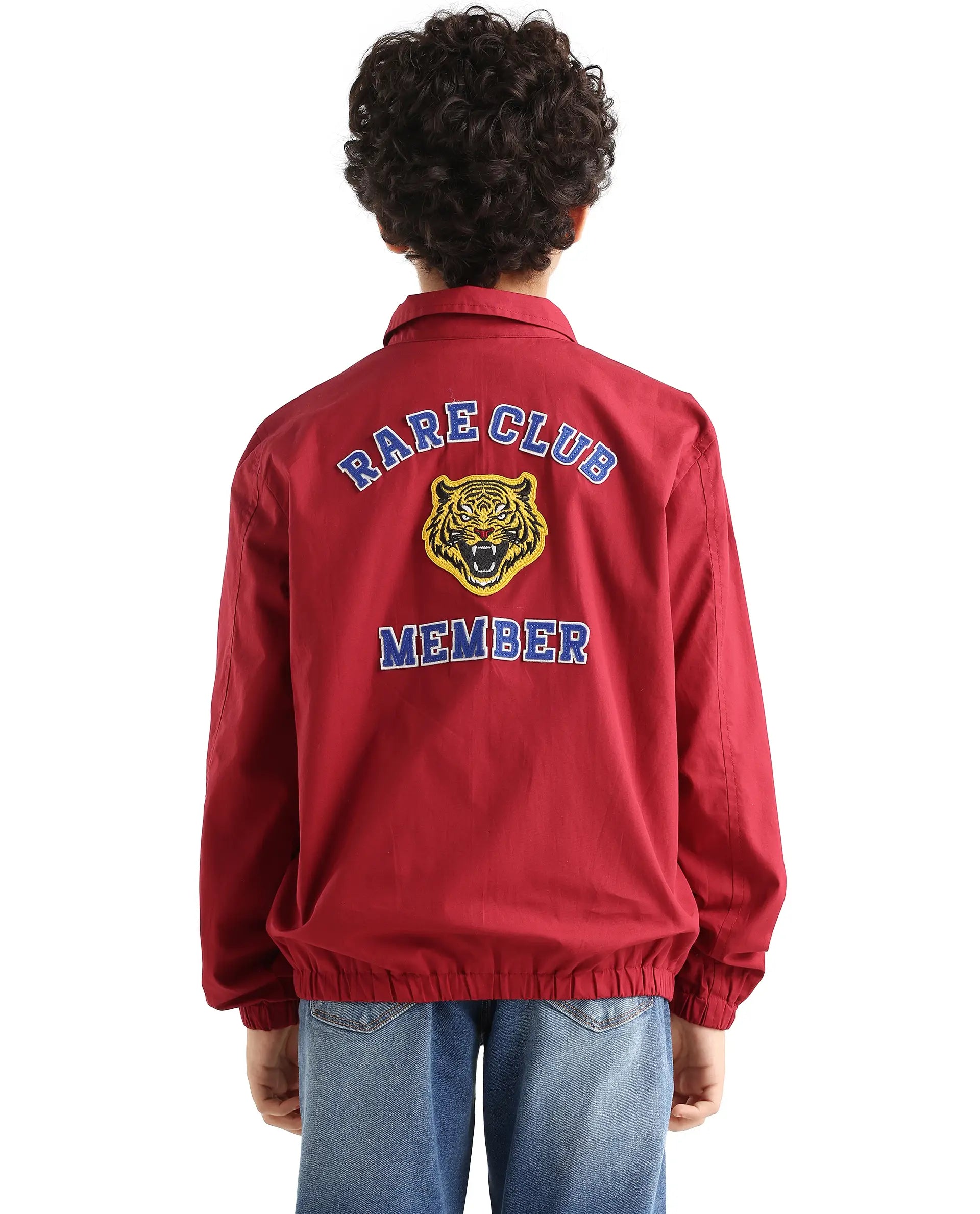 Rare Ones Kids Piba Red Cotton Zipper Closure Spread Collar Plain Full Sleeves Slim Fit Jacket