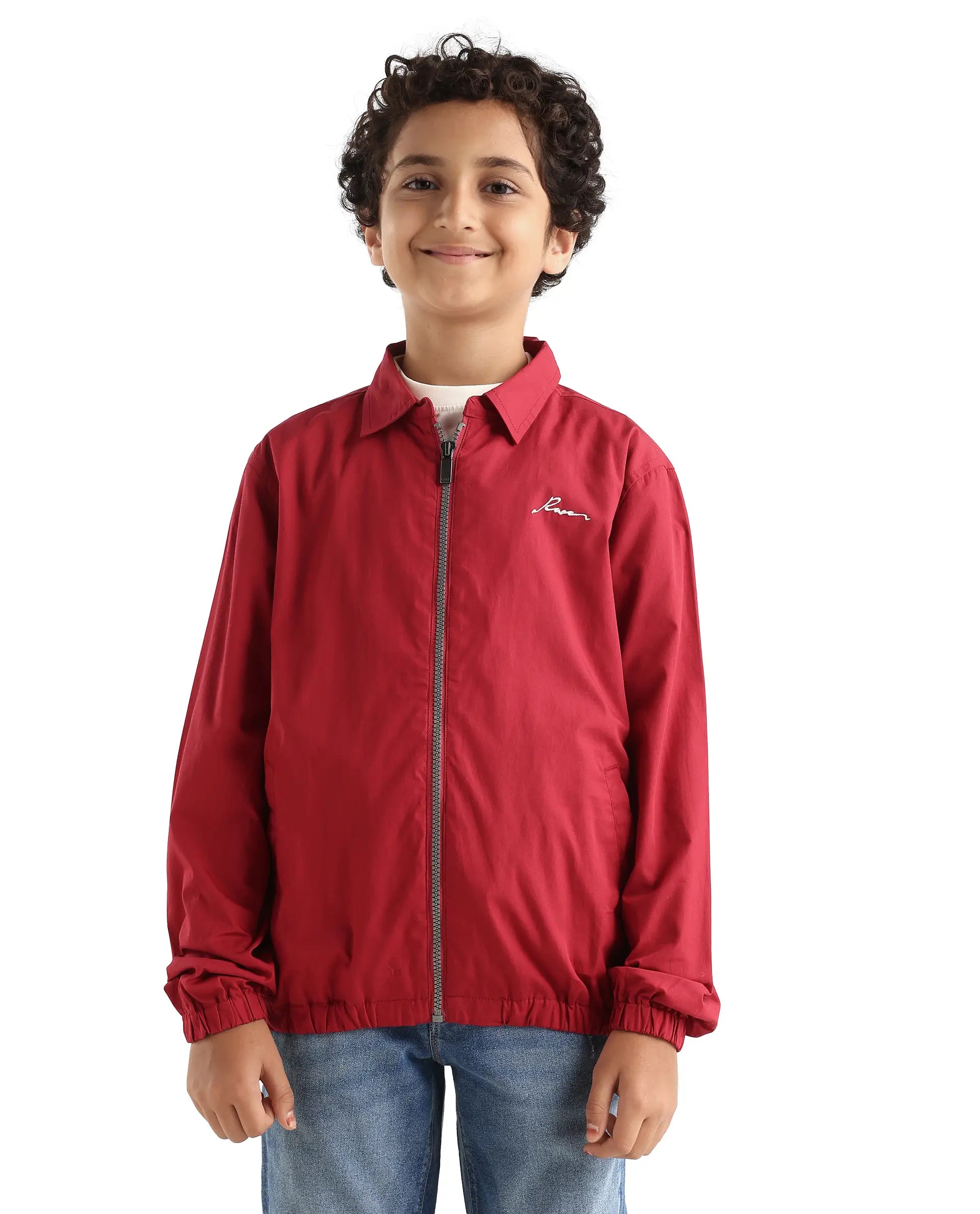 Rare Ones Kids Piba Red Cotton Zipper Closure Spread Collar Plain Full Sleeves Slim Fit Jacket