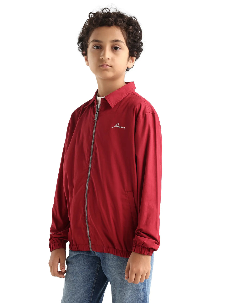 Rare Ones Kids Piba Red Cotton Zipper Closure Spread Collar Plain Full Sleeves Slim Fit Jacket