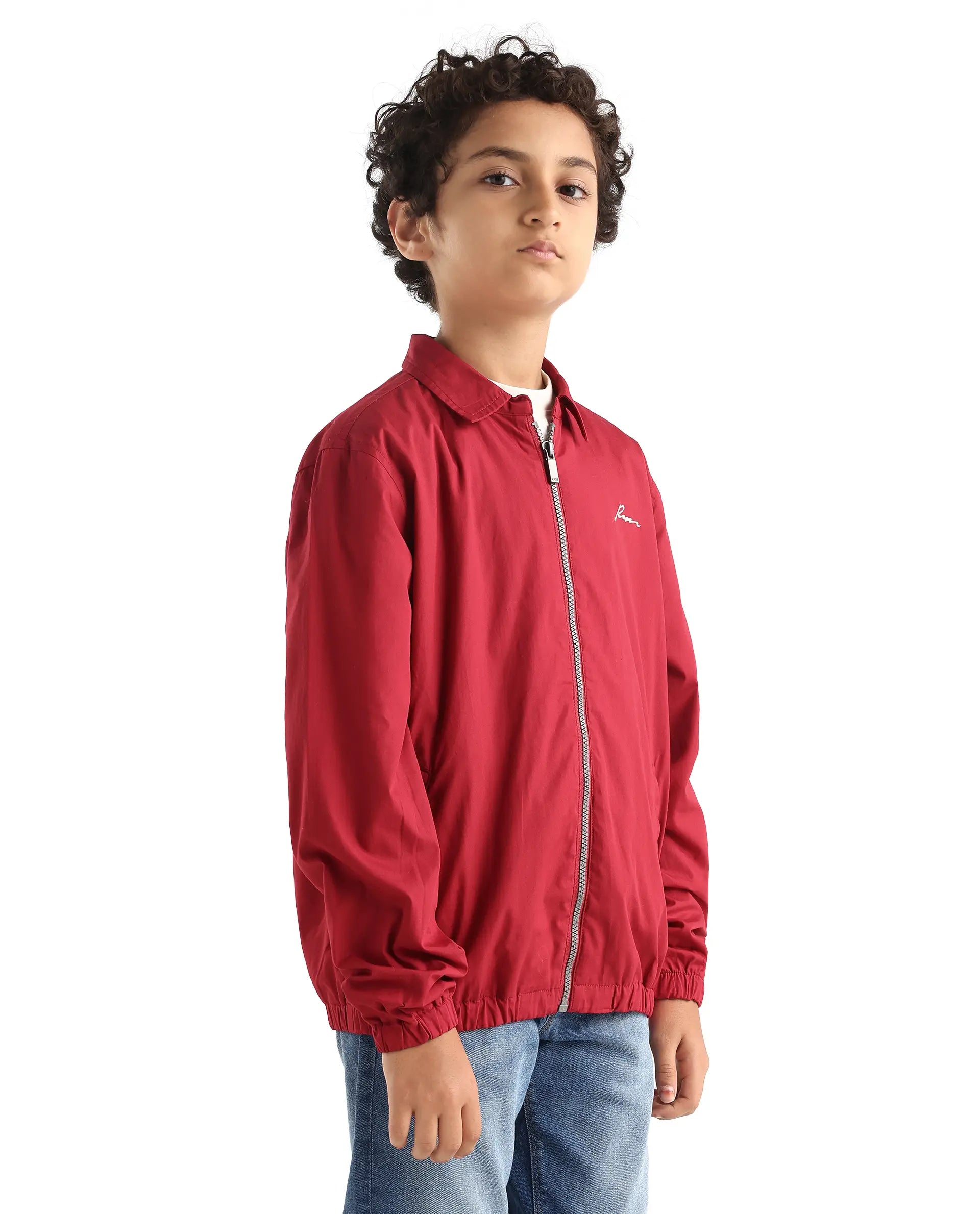 Rare Ones Kids Piba Red Cotton Zipper Closure Spread Collar Plain Full Sleeves Slim Fit Jacket