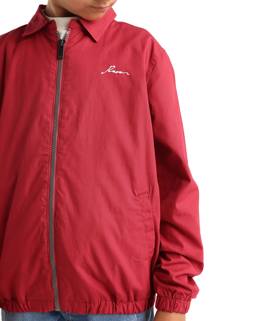 Rare Ones Kids Piba Red Cotton Zipper Closure Spread Collar Plain Full Sleeves Slim Fit Jacket