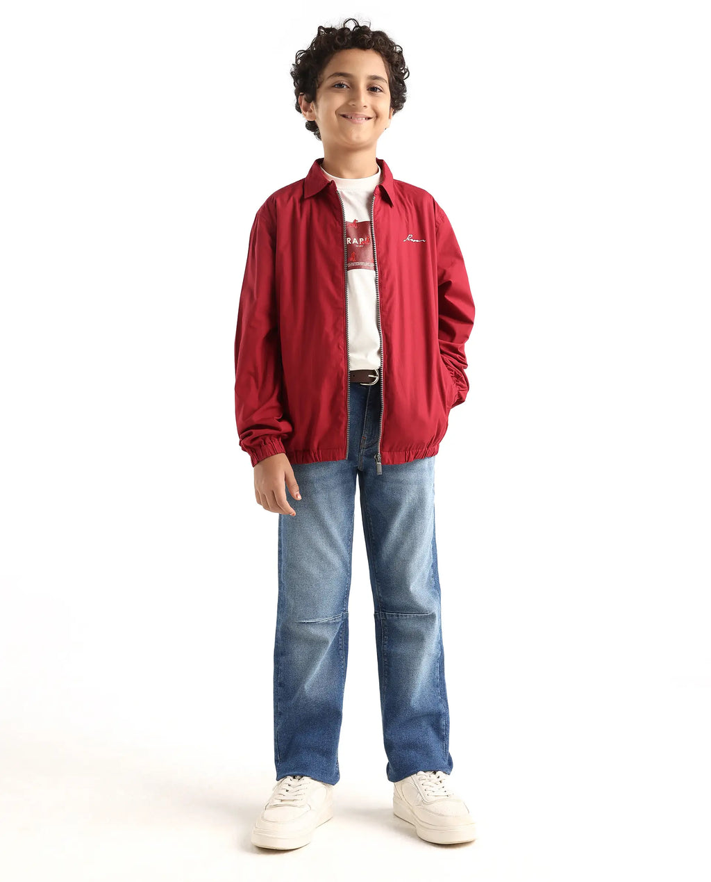 Rare Ones Kids Piba Red Cotton Zipper Closure Spread Collar Plain Full Sleeves Slim Fit Jacket