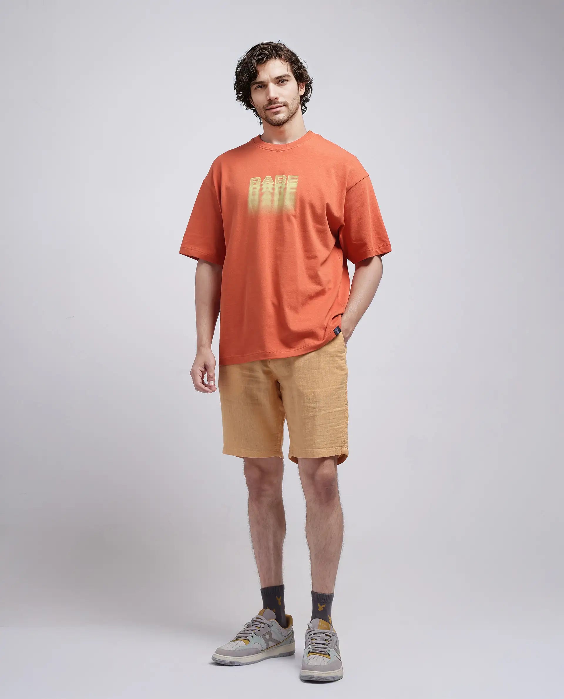 Rare Rabbit Men's Pinto-25 Yellow Cotton Blend Plain Regular Fit Shorts