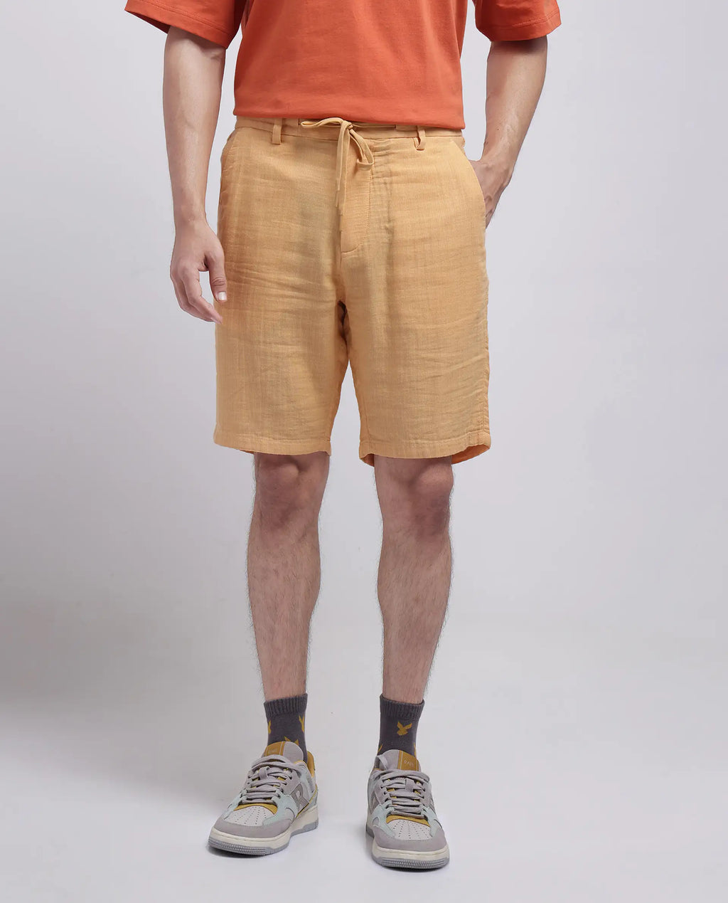 Rare Rabbit Men's Pinto-25 Yellow Cotton Blend Plain Regular Fit Shorts