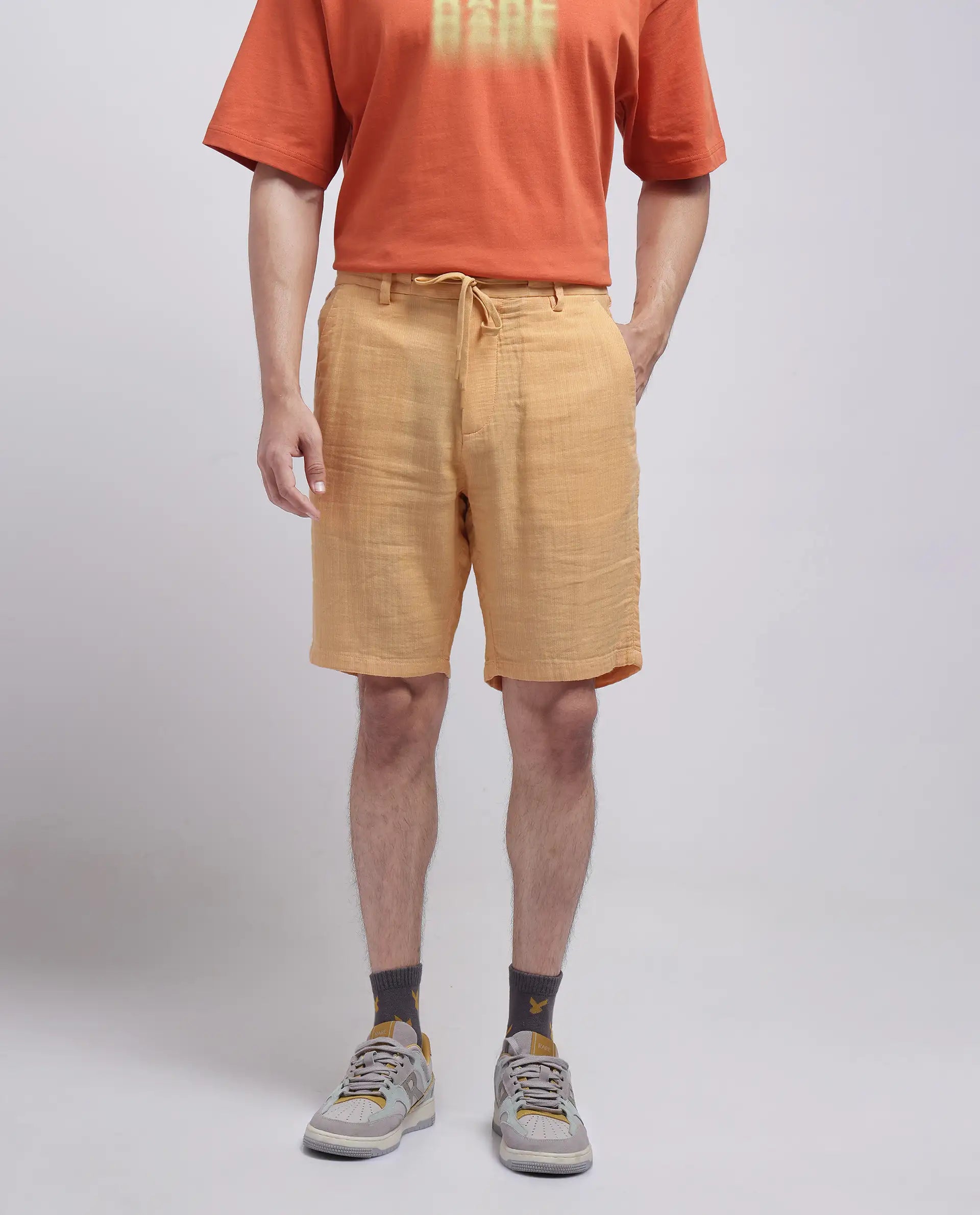 Rare Rabbit Men's Pinto-25 Yellow Cotton Blend Plain Regular Fit Shorts