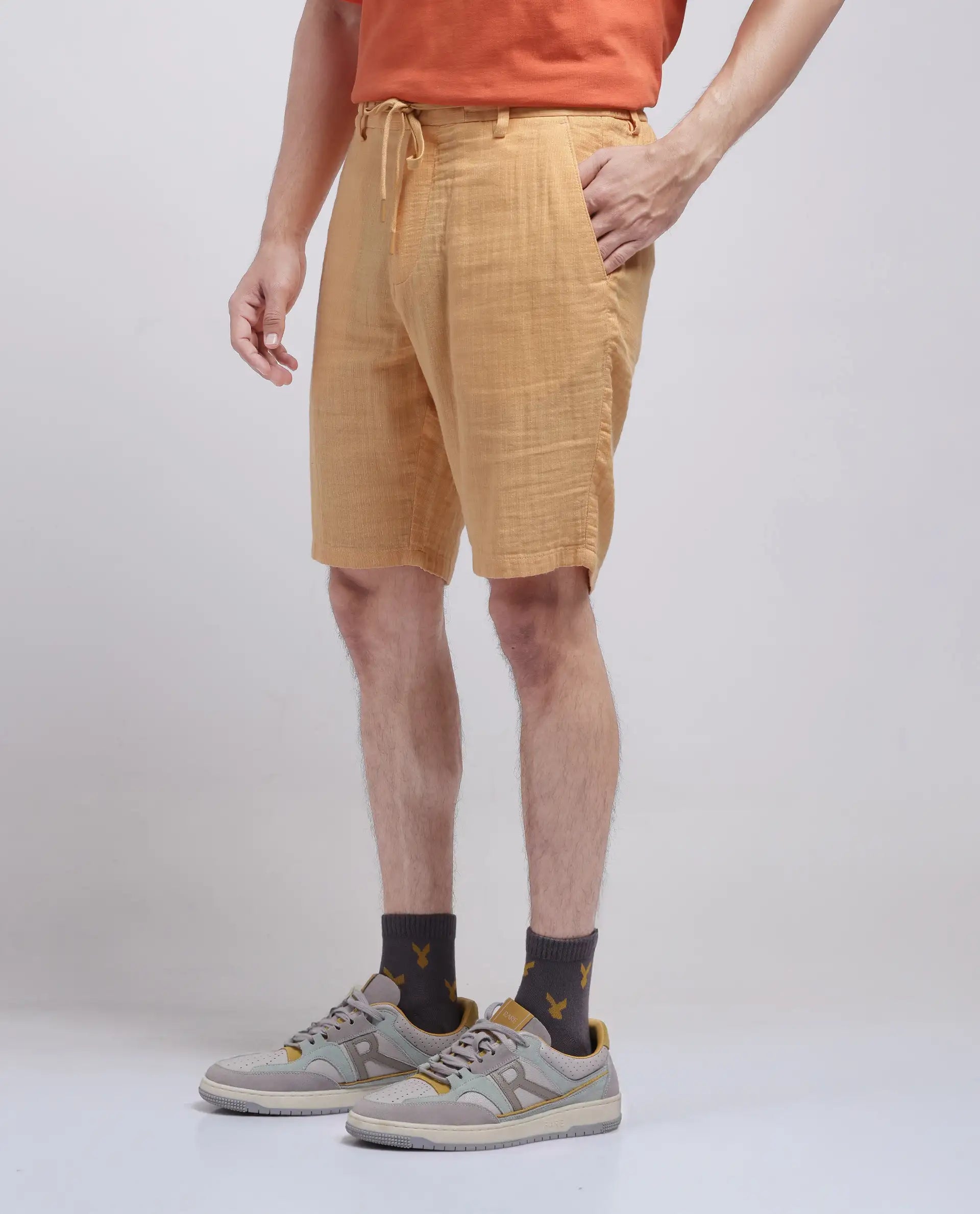 Rare Rabbit Men's Pinto-25 Yellow Cotton Blend Plain Regular Fit Shorts