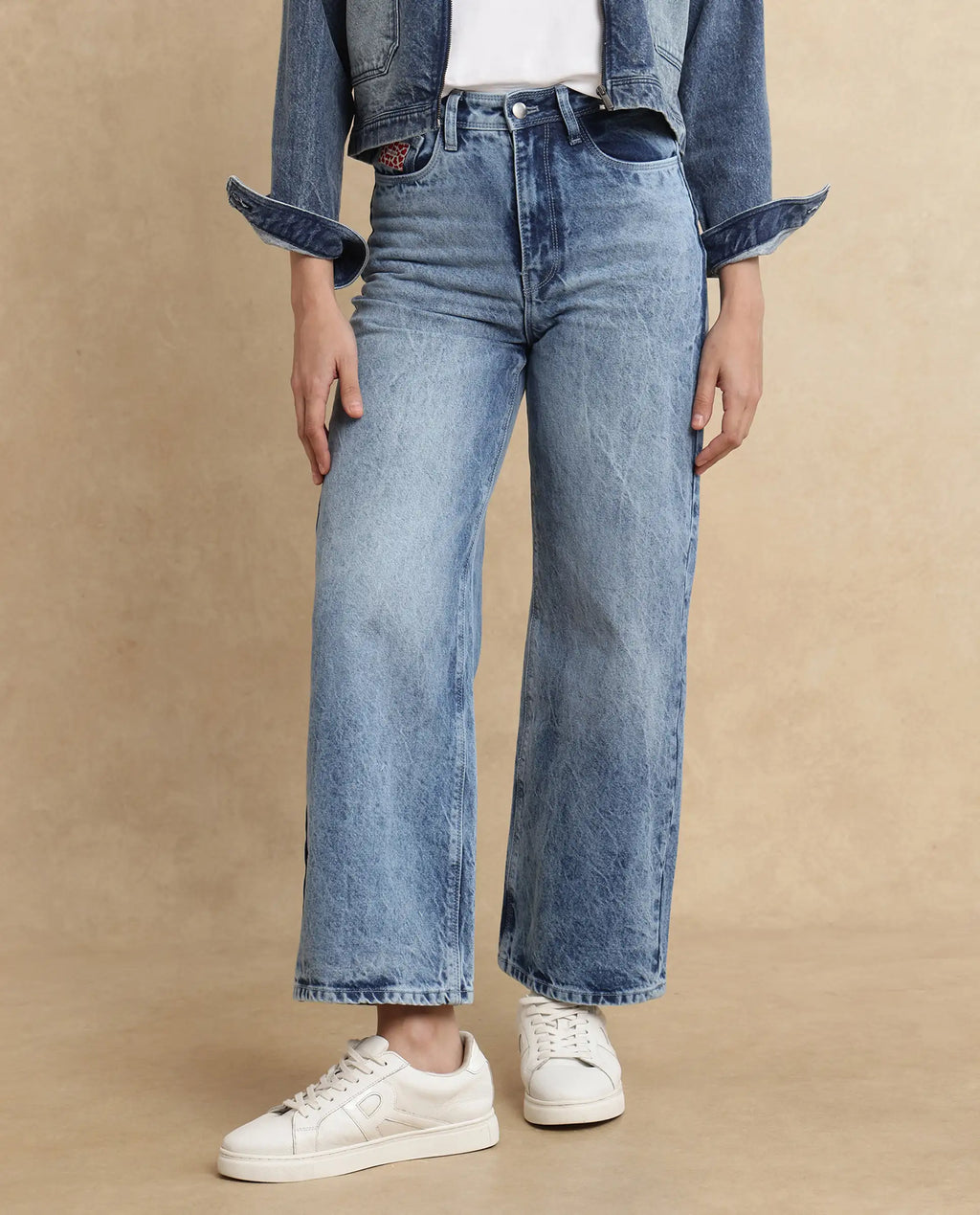 Rareism Women's Pref Blue Cotton Plain Ankle Length Effortless Wide Jeans