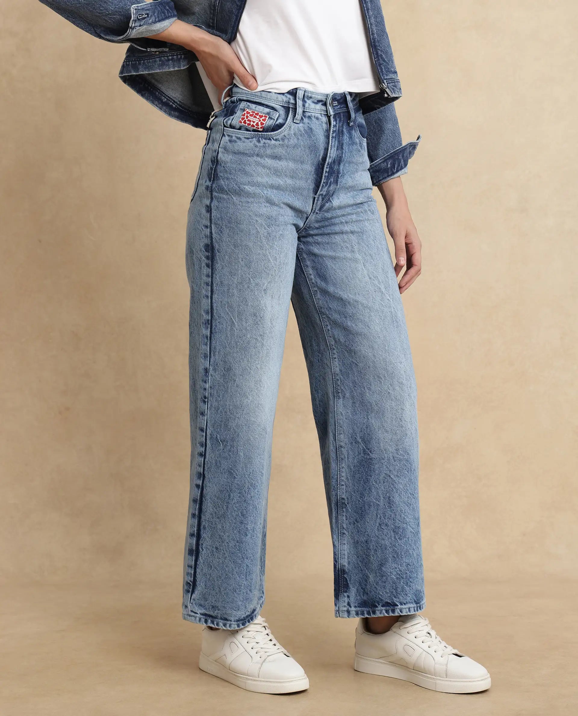 Rareism Women's Pref Blue Cotton Plain Ankle Length Effortless Wide Jeans