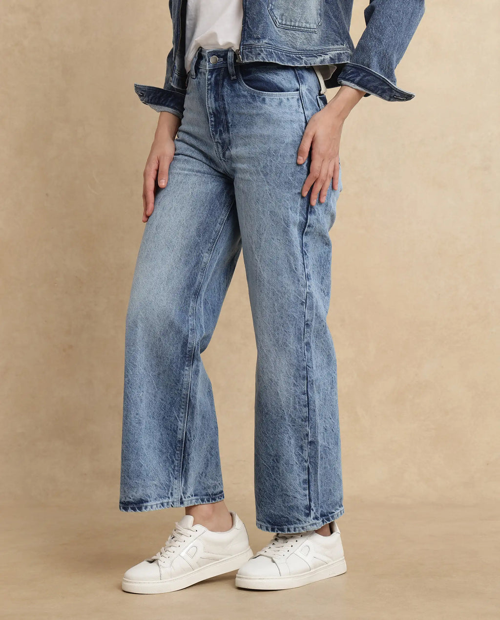 Rareism Women's Pref Blue Cotton Plain Ankle Length Effortless Wide Jeans