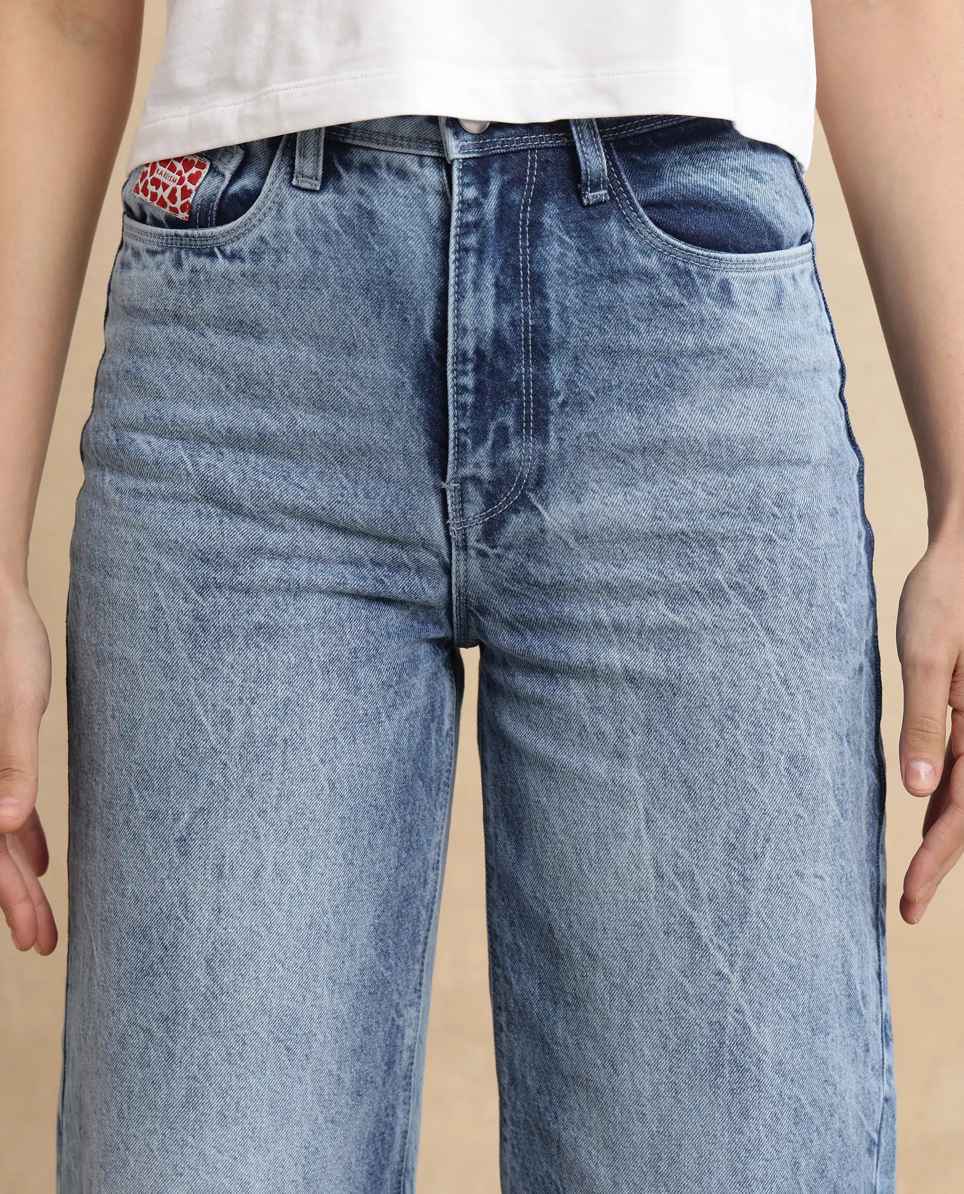 Rareism Women's Pref Blue Cotton Plain Ankle Length Effortless Wide Jeans