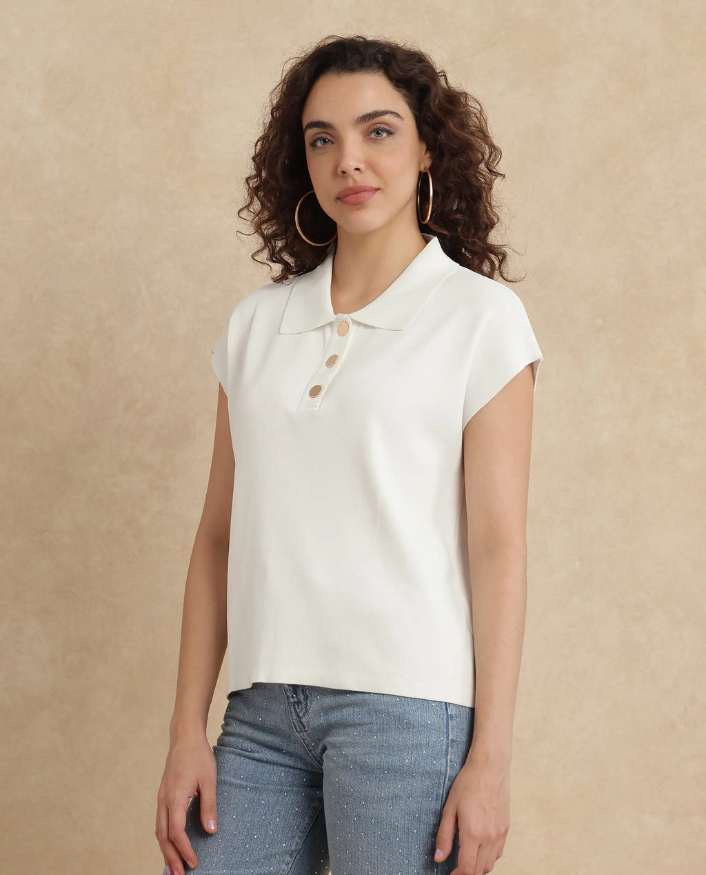 Rareism Women's Prepol Off White Viscose Blend Spread Collar Plain Extended Sleeves Crop Boxy Fit Top