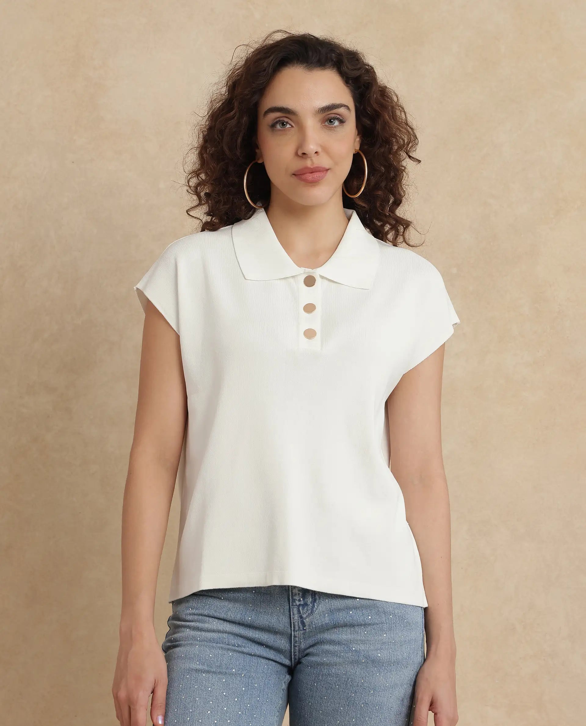Rareism Women's Prepol Off White Viscose Blend Spread Collar Plain Extended Sleeves Crop Boxy Fit Top