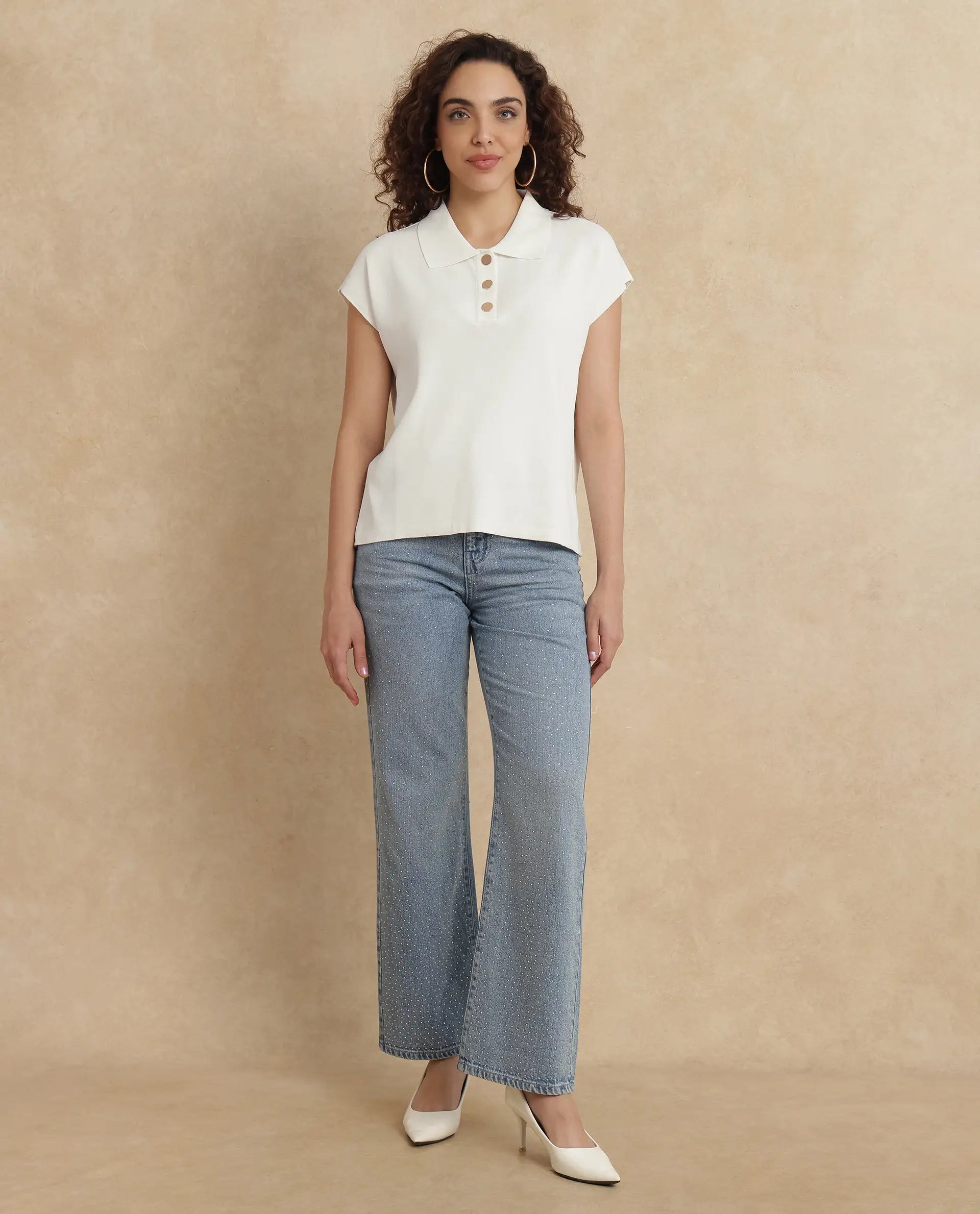 Rareism Women's Prepol Off White Viscose Blend Spread Collar Plain Extended Sleeves Crop Boxy Fit Top