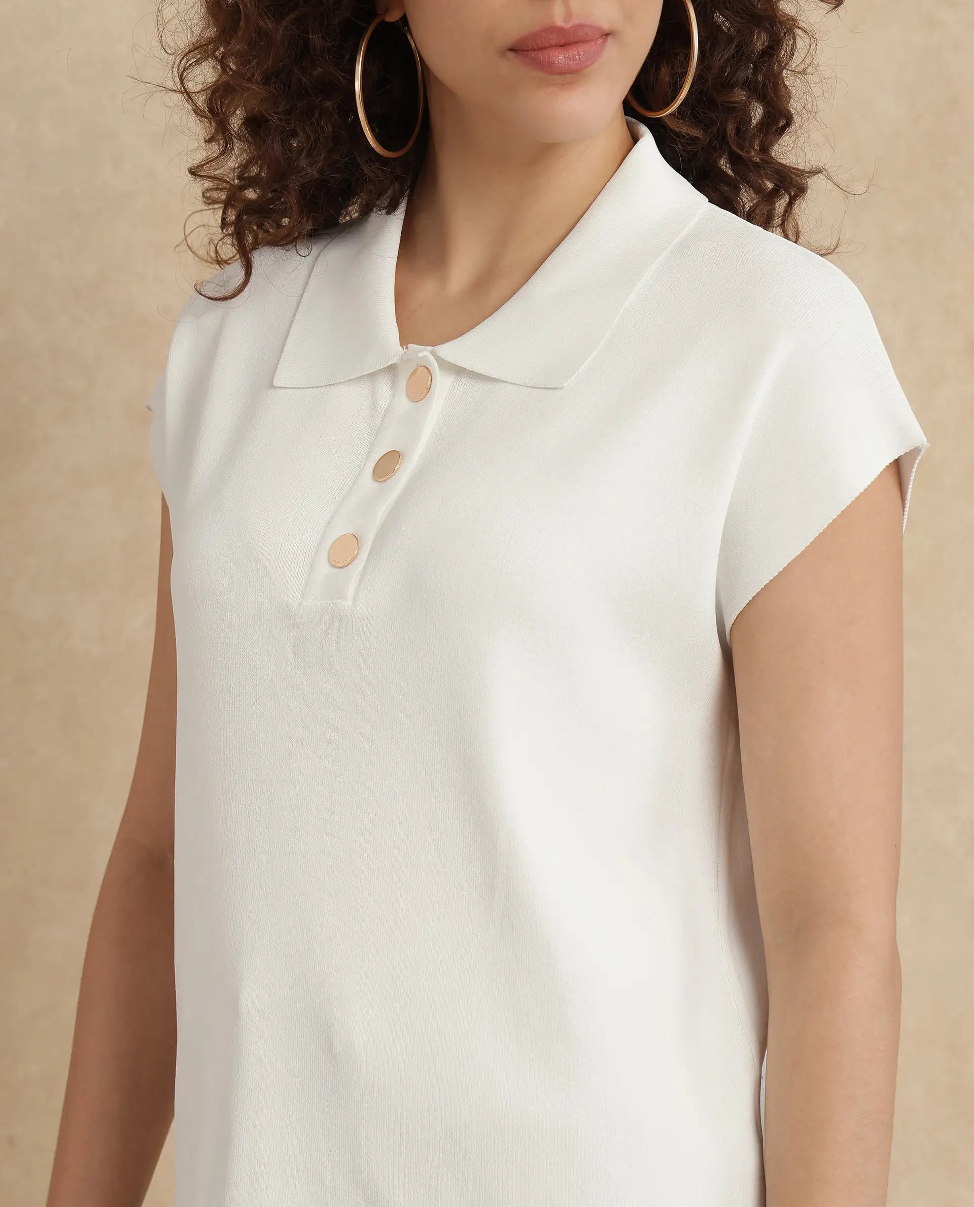Rareism Women's Prepol Off White Viscose Blend Spread Collar Plain Extended Sleeves Crop Boxy Fit Top